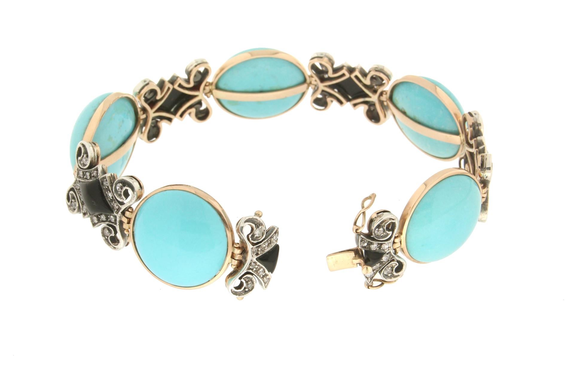 Brilliant Cut Handcraft Turquoise 14 Karat Yellow Gold Onyx Diamonds Cuff Bracelet For Sale