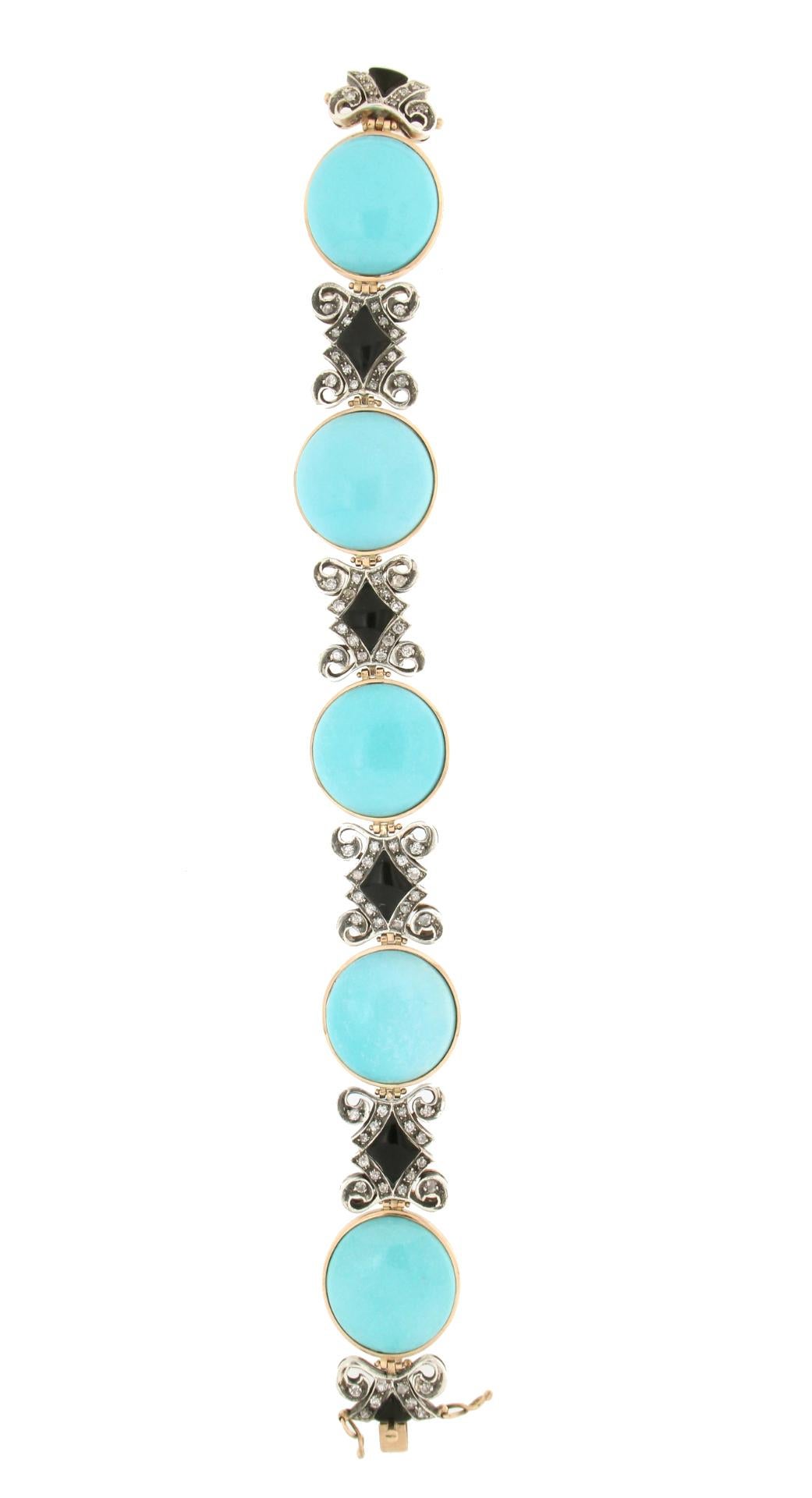 Women's or Men's Handcraft Turquoise 14 Karat Yellow Gold Onyx Diamonds Cuff Bracelet For Sale