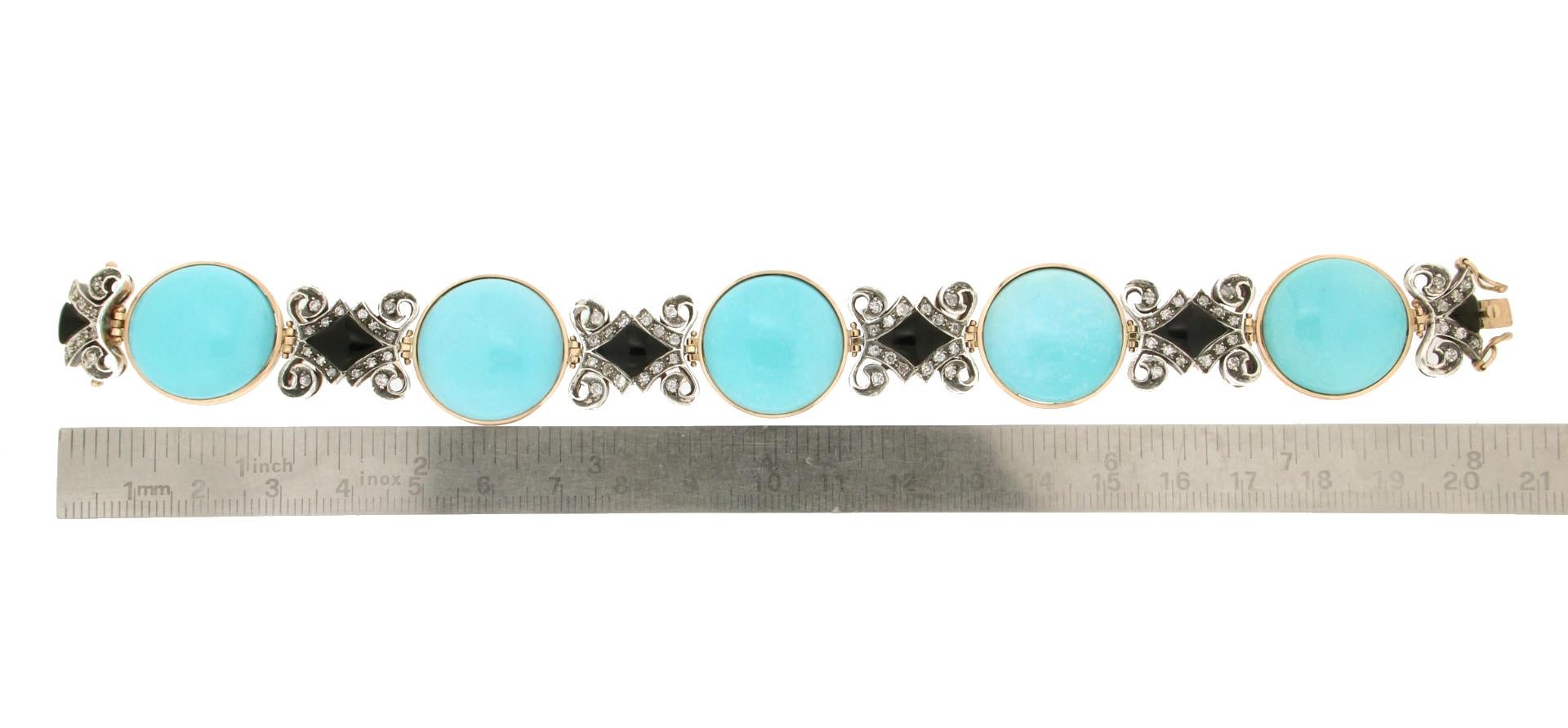 Handcraft Turquoise 14 Karat Yellow Gold Onyx Diamonds Cuff Bracelet For Sale 1