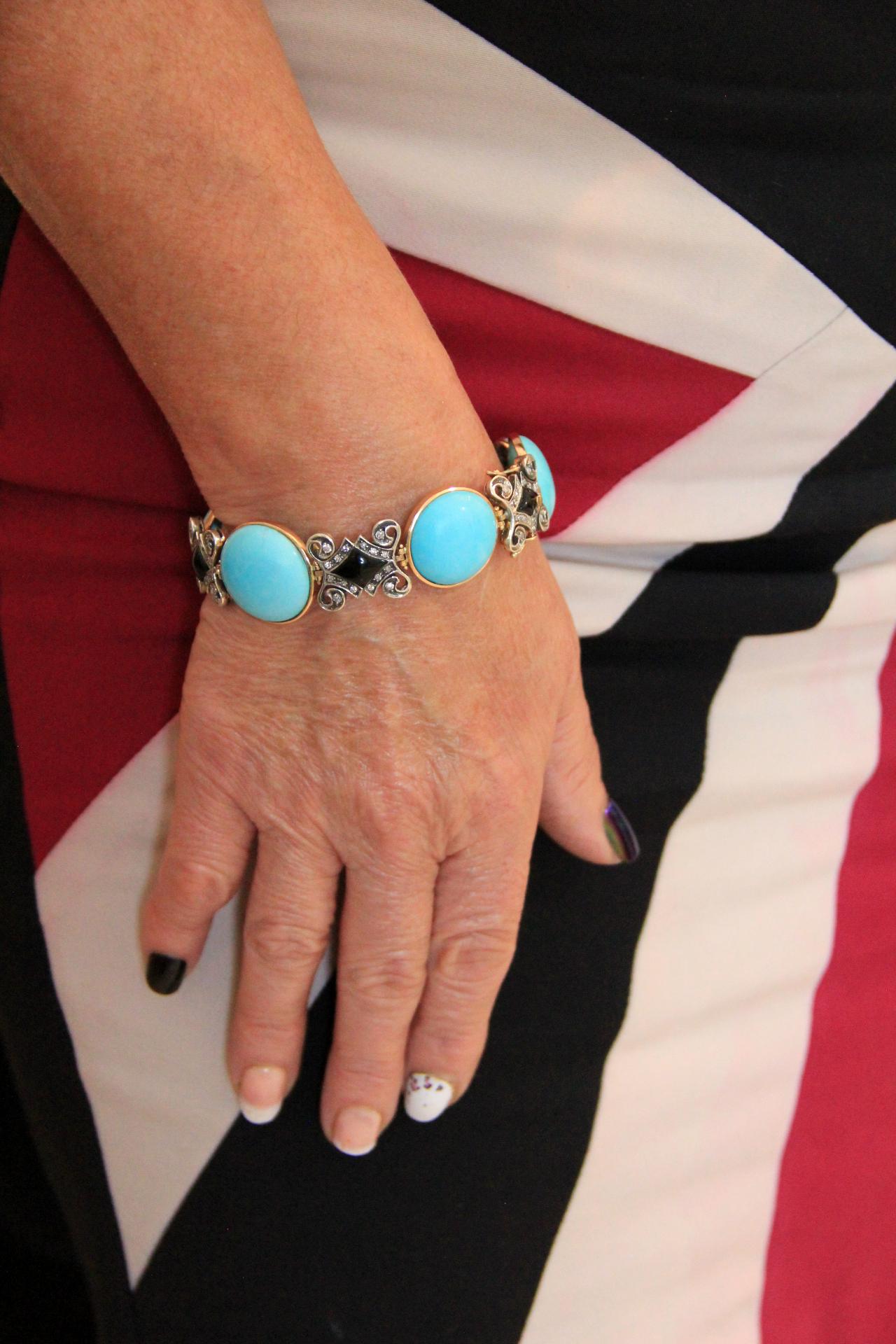Handcraft Turquoise 14 Karat Yellow Gold Onyx Diamonds Cuff Bracelet For Sale 2