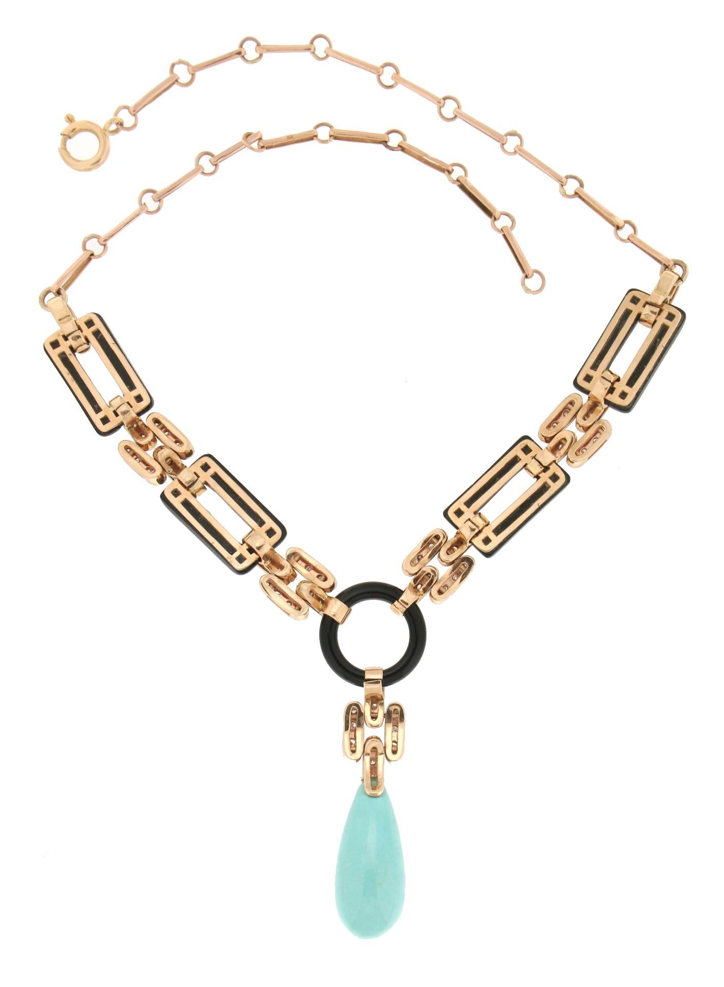 Women's or Men's Handcraft Turquoise 14 Karat Yellow Gold Onyx Diamonds Pendant Necklace For Sale