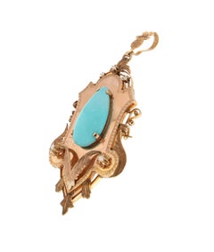Handcraft Turquoise 14 Karat Yellow Gold Pearls Pendant Necklace and Brooch