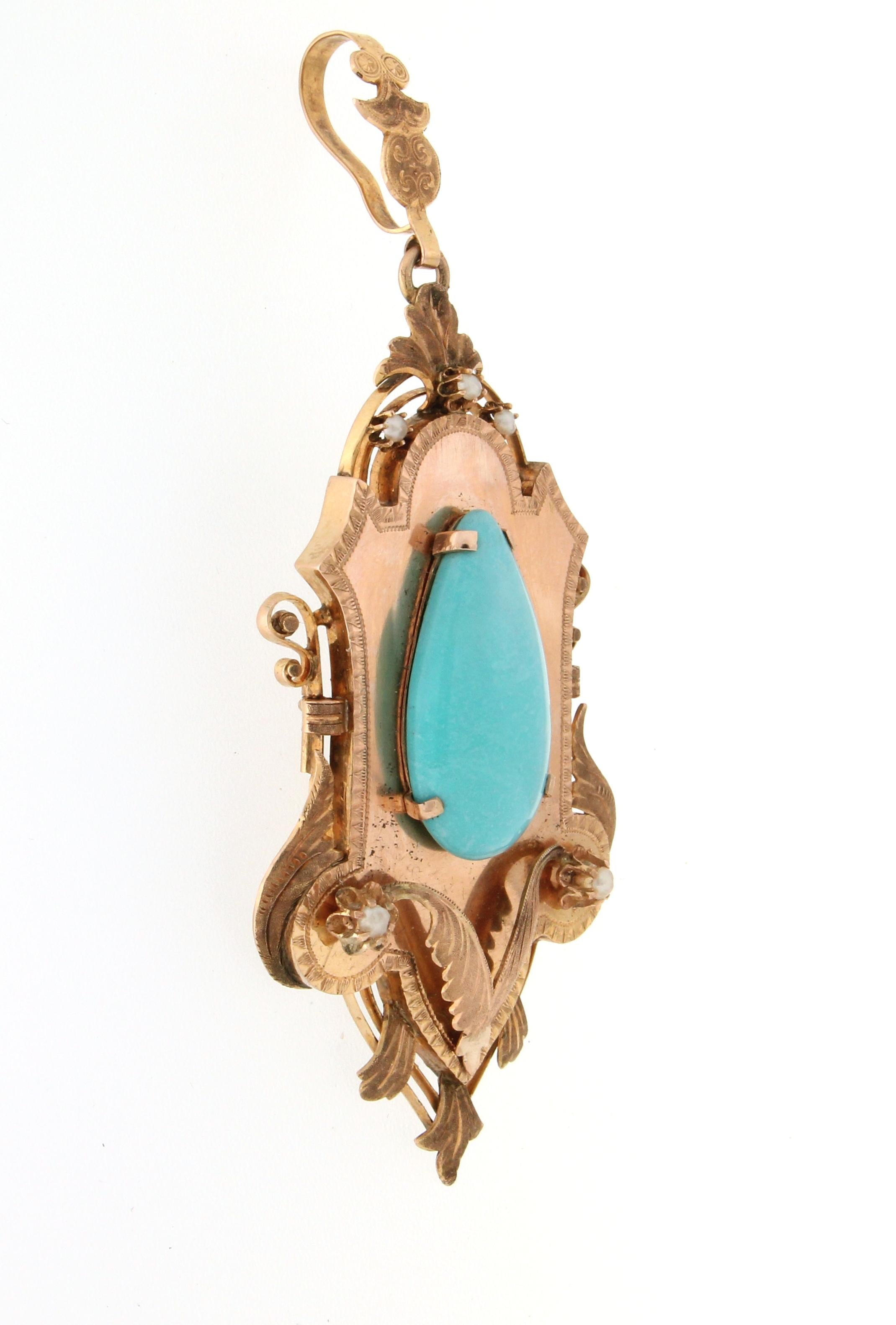 Handcraft Turquoise 14 Karat Yellow Gold Pearls Pendant Necklace and Brooch In New Condition In Marcianise, IT