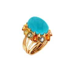 Handcraft Türkis 14 Karat Gelbgold Saphire Cocktail Ring