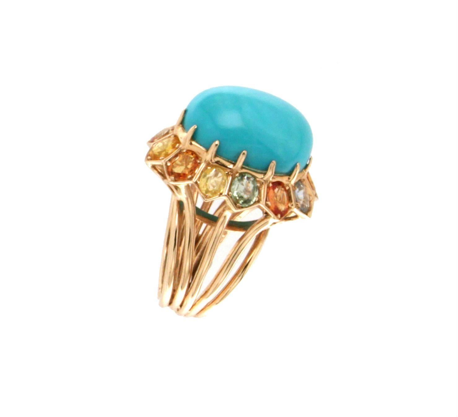 Oval Cut Handcraft Turquoise 14 Karat Yellow Gold Sapphires Cocktail Ring For Sale
