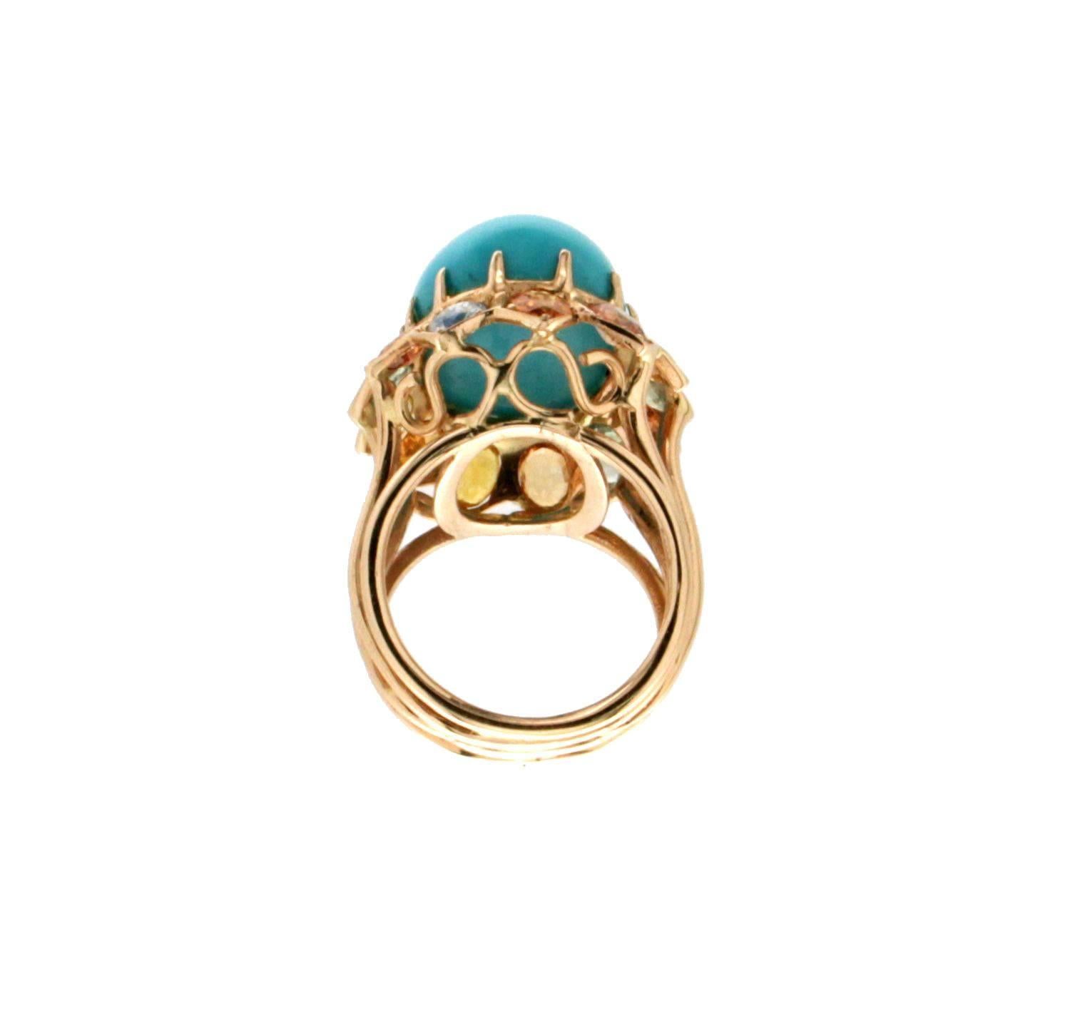 Bague de cocktail en or jaune 14 carats, saphirs et turquoise Handcraft Neuf - En vente à Marcianise, IT