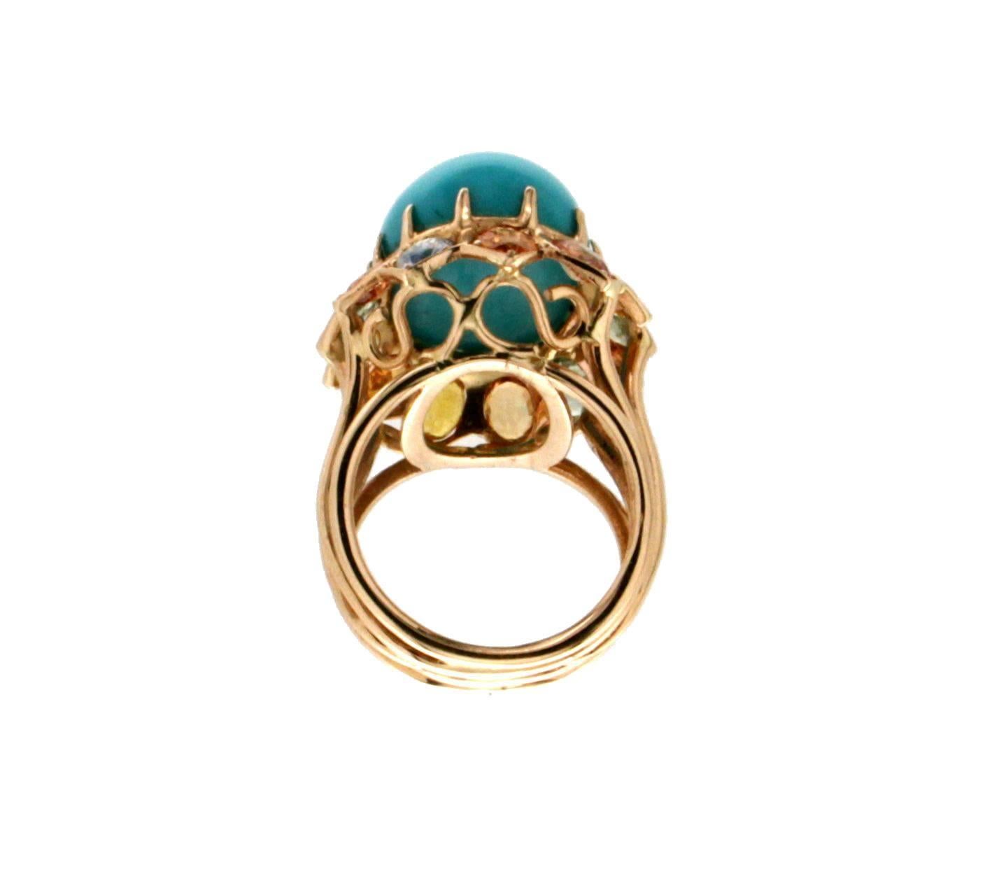 Women's Handcraft Turquoise 14 Karat Yellow Gold Sapphires Cocktail Ring For Sale