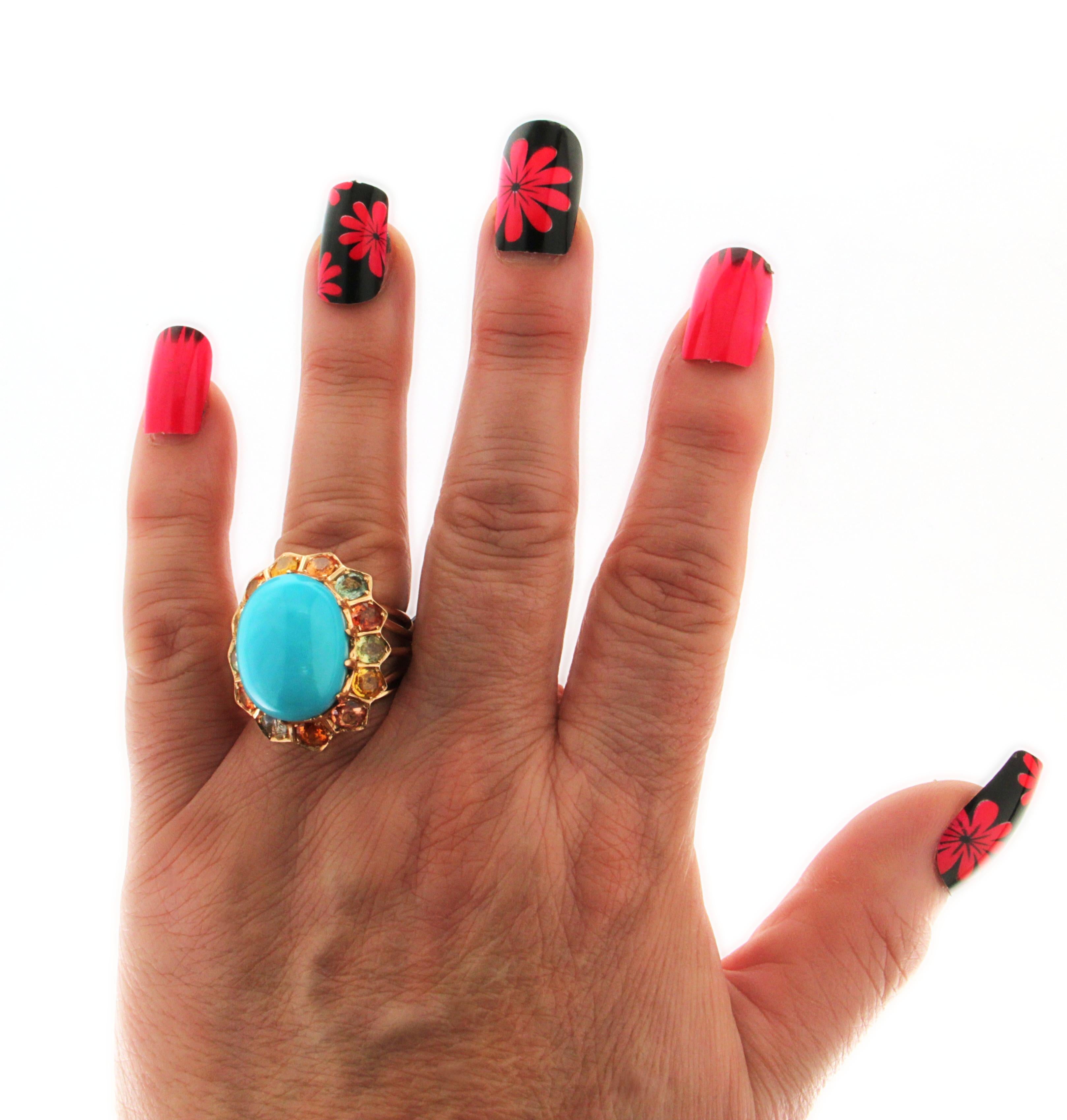 Handcraft Turquoise 14 Karat Yellow Gold Sapphires Cocktail Ring For Sale 1