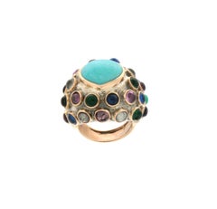 Handcraft Turquoise 14 Karat Yellow Gold Semiprecious Stones Cocktail Ring