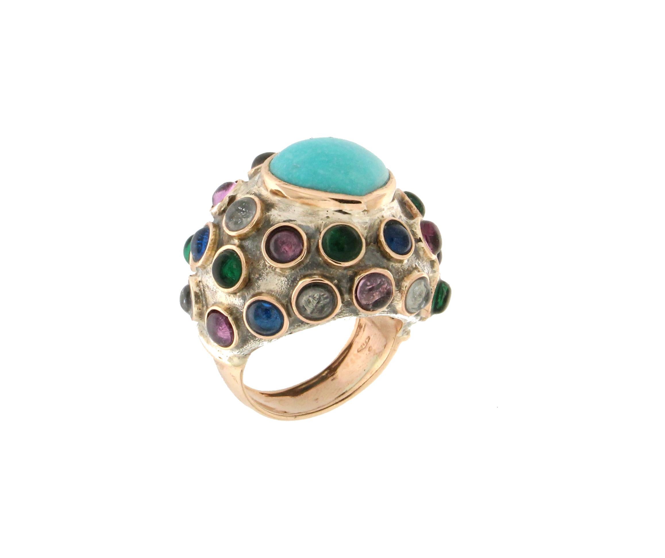 Round Cut Handcraft Turquoise 14 Karat Yellow Gold Semiprecious Stones Cocktail Ring For Sale