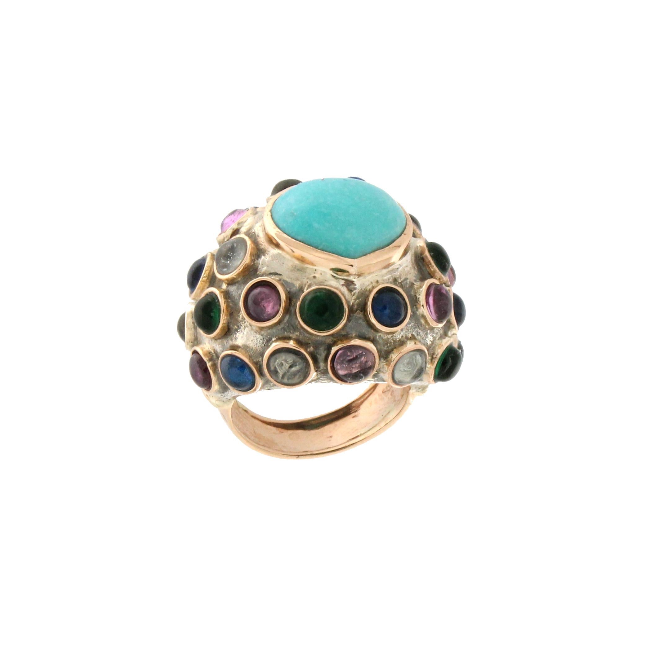 Handcraft Turquoise 14 Karat Yellow Gold Semiprecious Stones Cocktail Ring In New Condition For Sale In Marcianise, IT