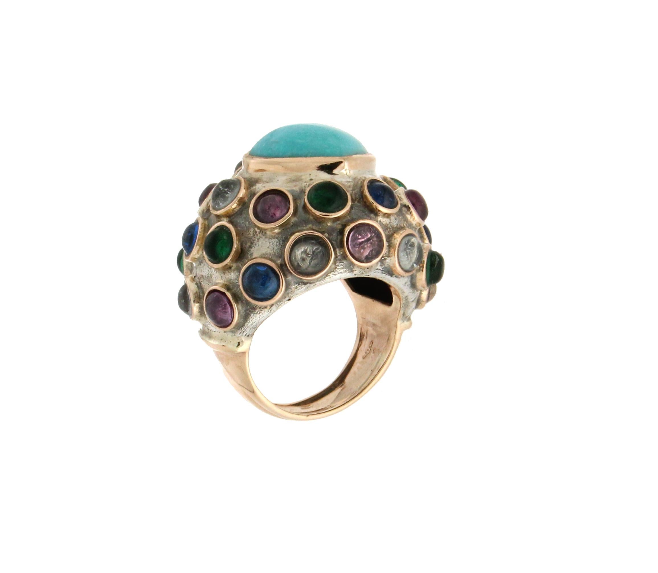 Women's or Men's Handcraft Turquoise 14 Karat Yellow Gold Semiprecious Stones Cocktail Ring For Sale