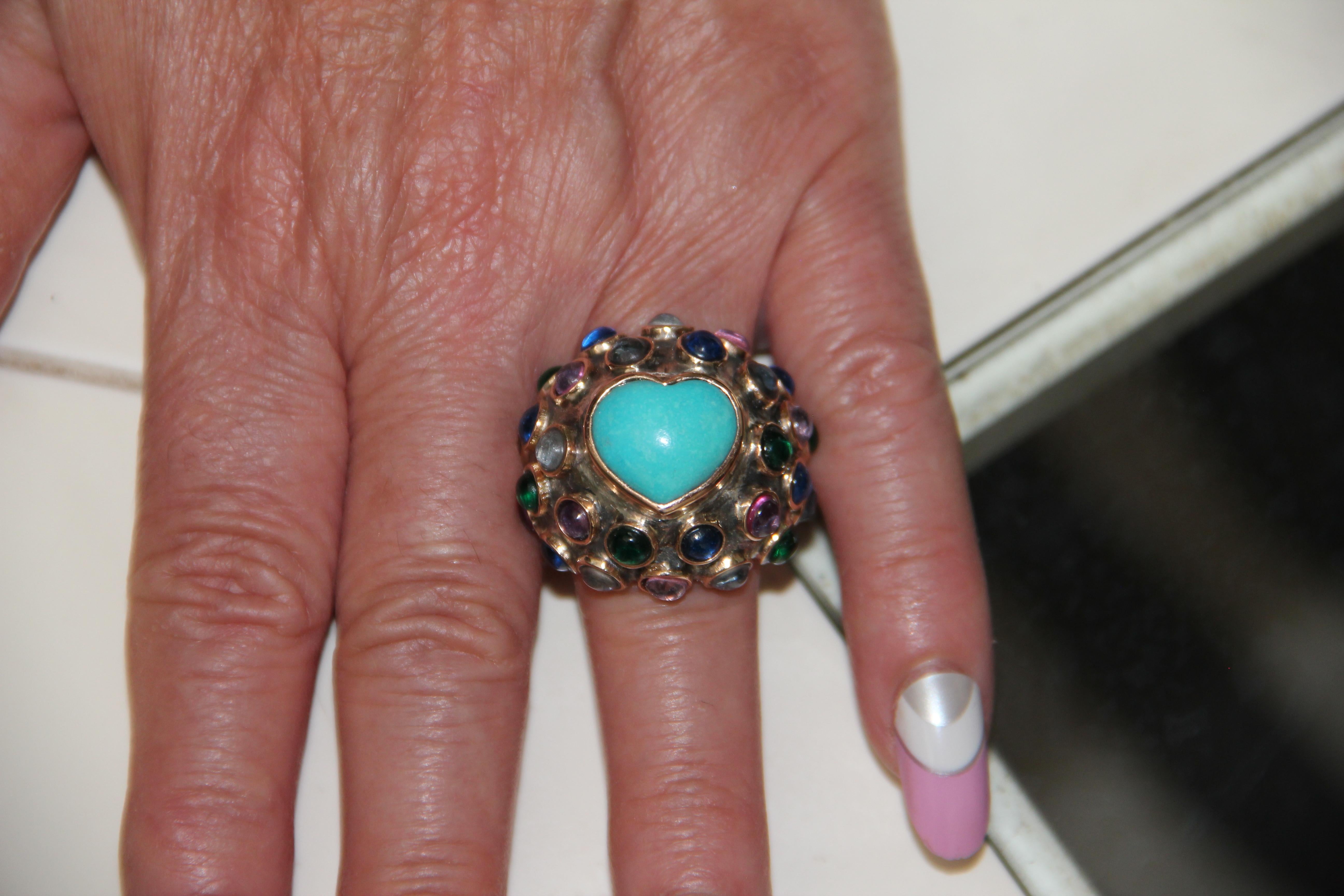 Handcraft Turquoise 14 Karat Yellow Gold Semiprecious Stones Cocktail Ring For Sale 3