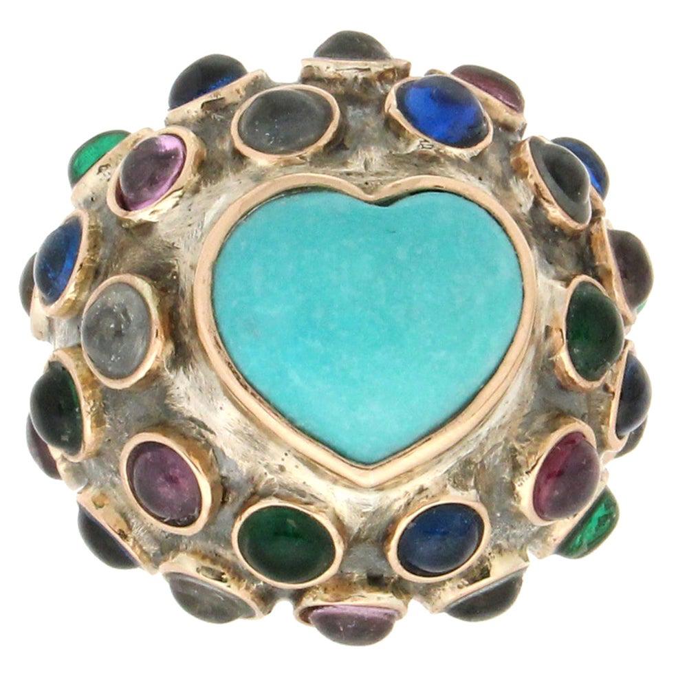 Handcraft Turquoise 14 Karat Yellow Gold Semiprecious Stones Cocktail Ring For Sale