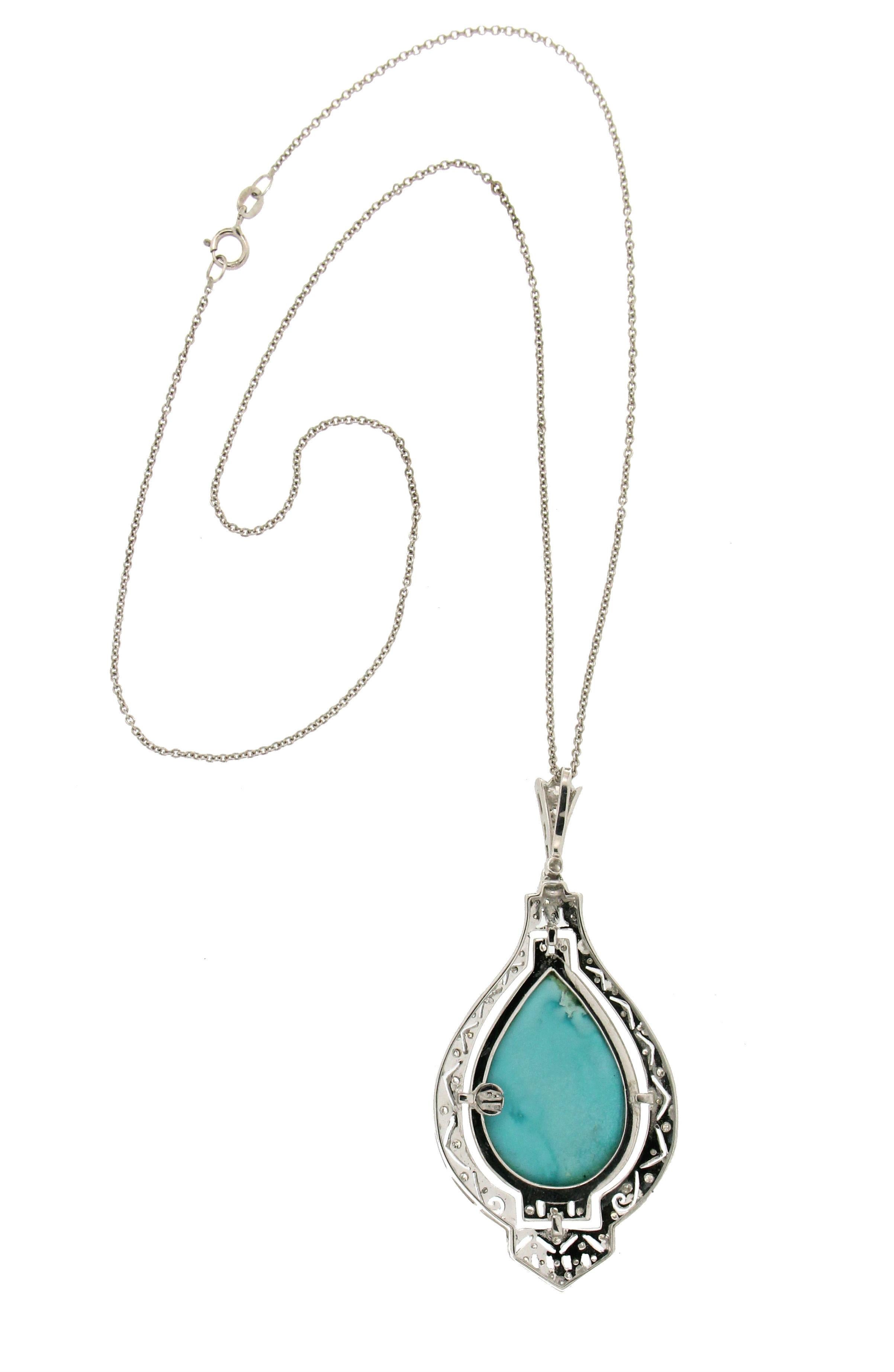 Artisan Handcraft Turquoise 18 Karat White Diamonds Pendant Necklace For Sale