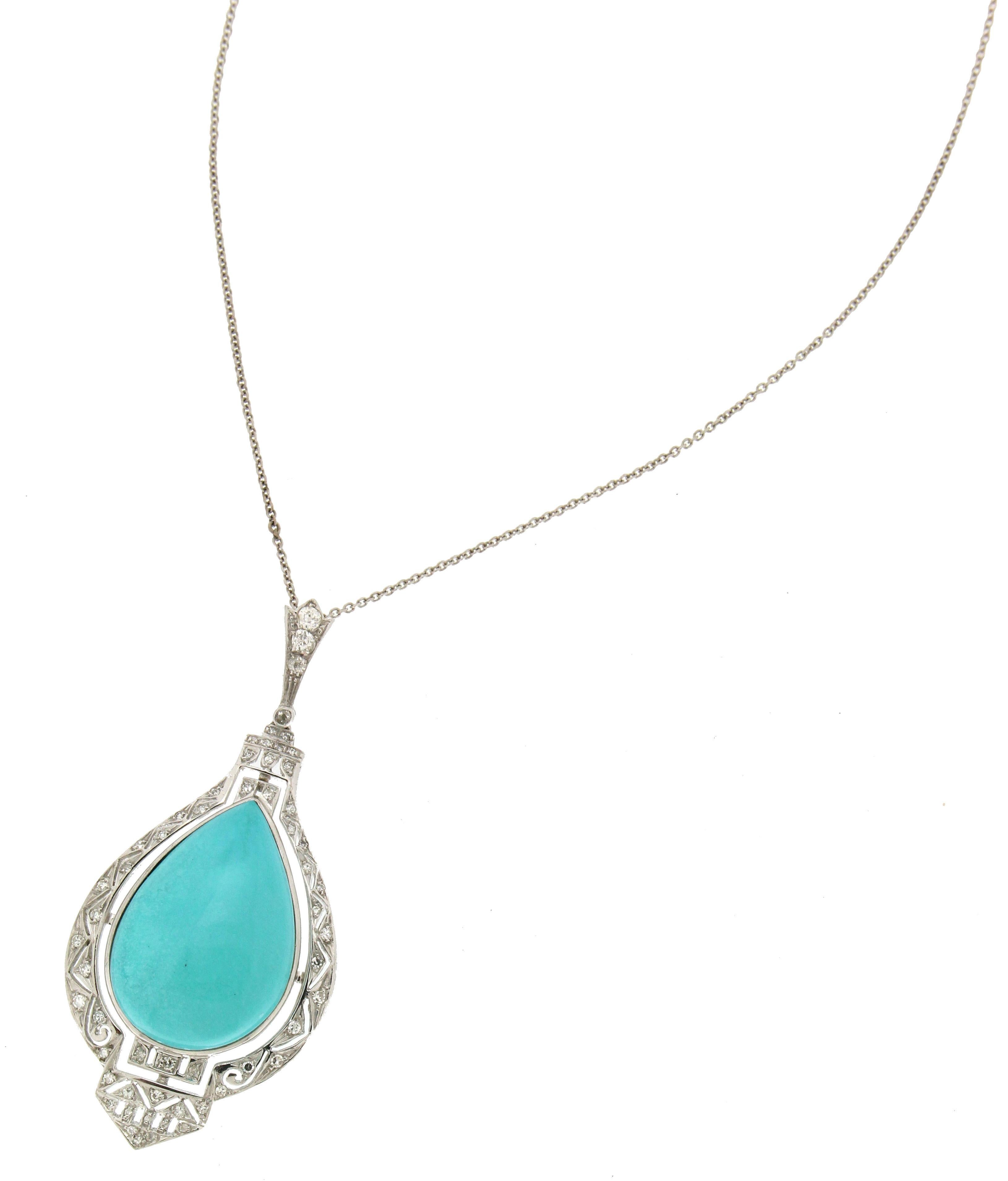 Mixed Cut Handcraft Turquoise 18 Karat White Diamonds Pendant Necklace For Sale