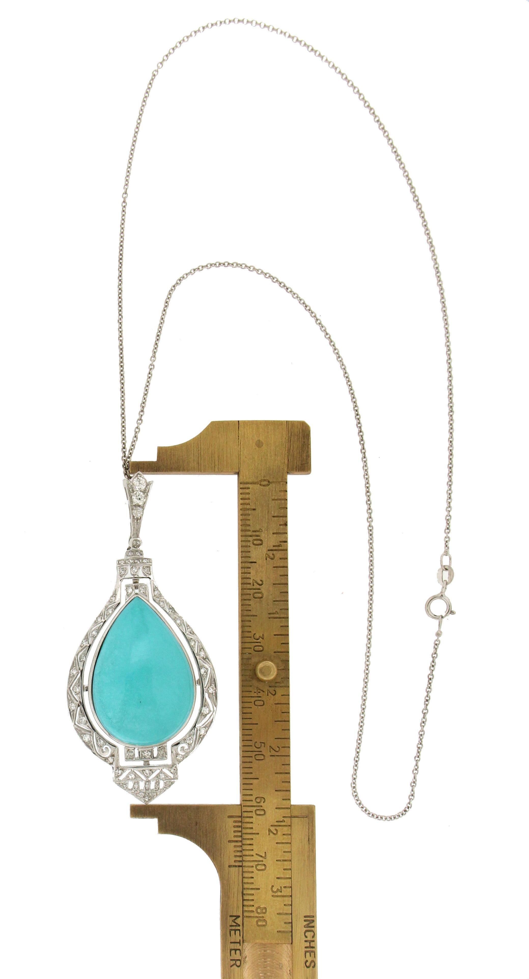 Handcraft Turquoise 18 Karat White Diamonds Pendant Necklace In New Condition For Sale In Marcianise, IT