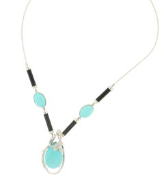 Handcraft Turquoise 18 Karat White Gold Barrels Onyx Diamonds Pendant Necklace