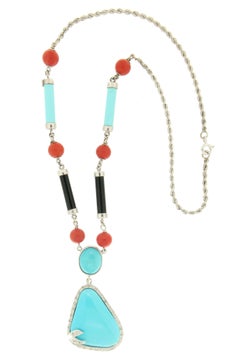 Handcraft Turquoise 18 Karat White Gold Barrels Onyx Diamonds Pendant Necklace