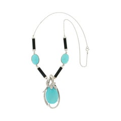 Handcraft Turquoise 18 Karat White Gold Barrels Onyx Diamonds Pendant Necklace