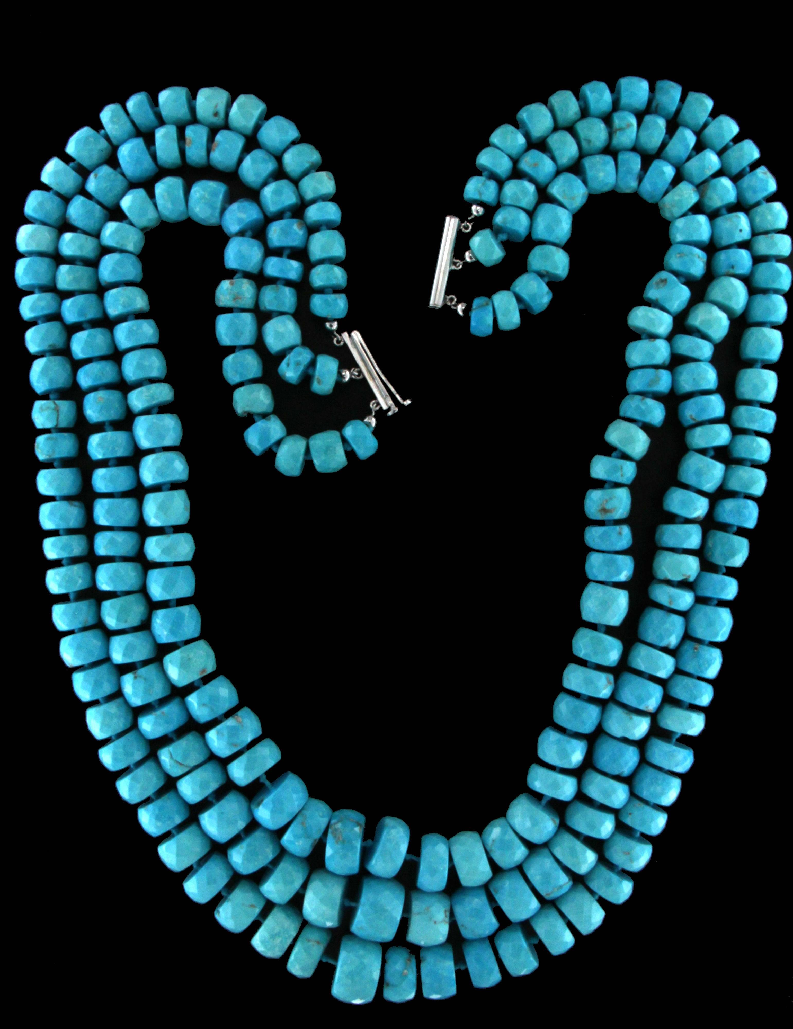 Artisan Handcraft Turquoise 18 Karat White Gold Clasp Multi-Strands Necklace For Sale