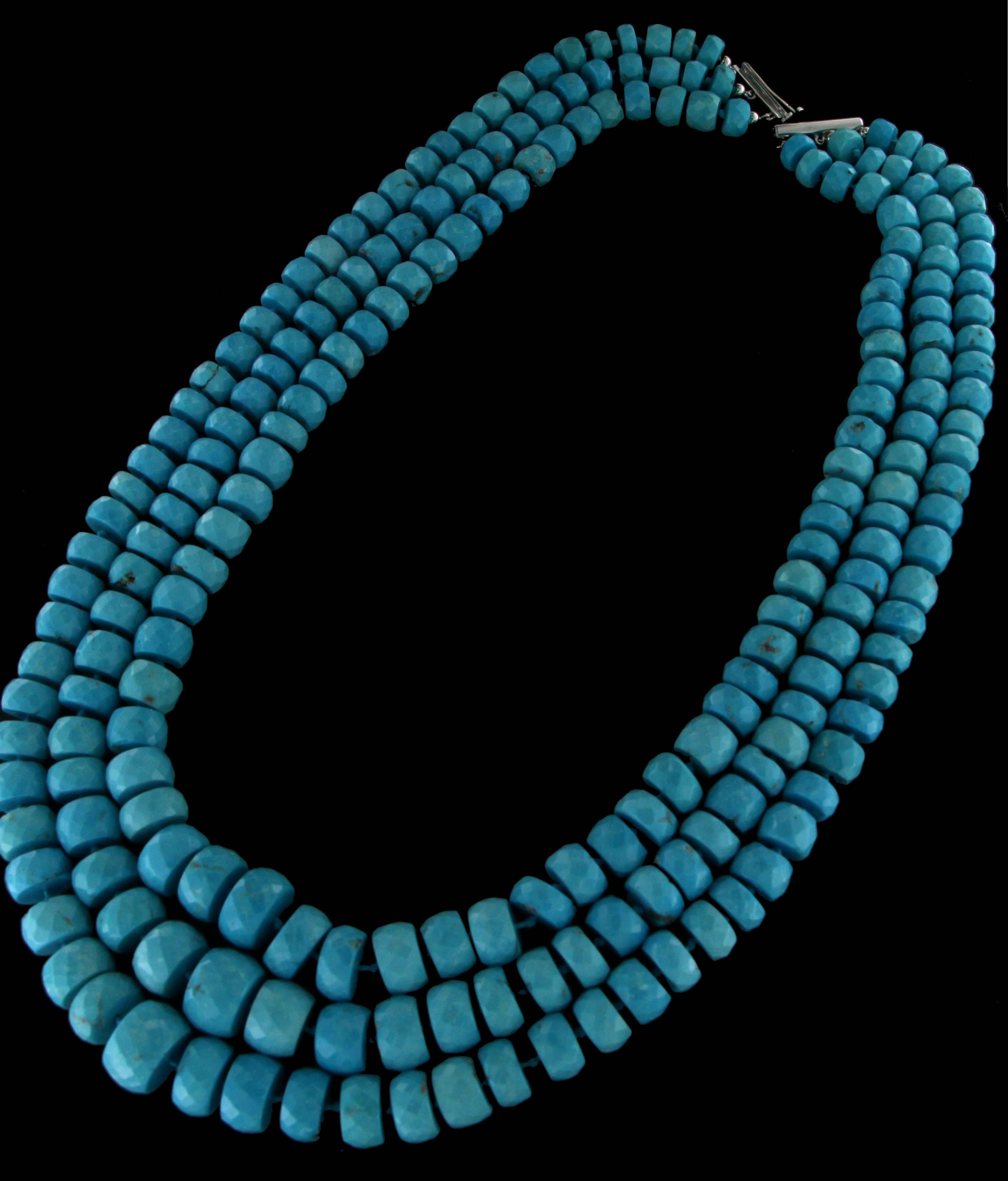 Bead Handcraft Turquoise 18 Karat White Gold Clasp Multi-Strands Necklace For Sale
