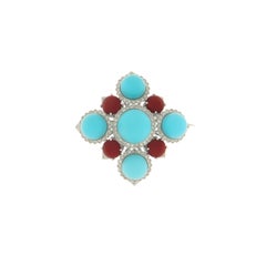 Turquoise Diamonds Coral 18 Karat White Gold Brooch