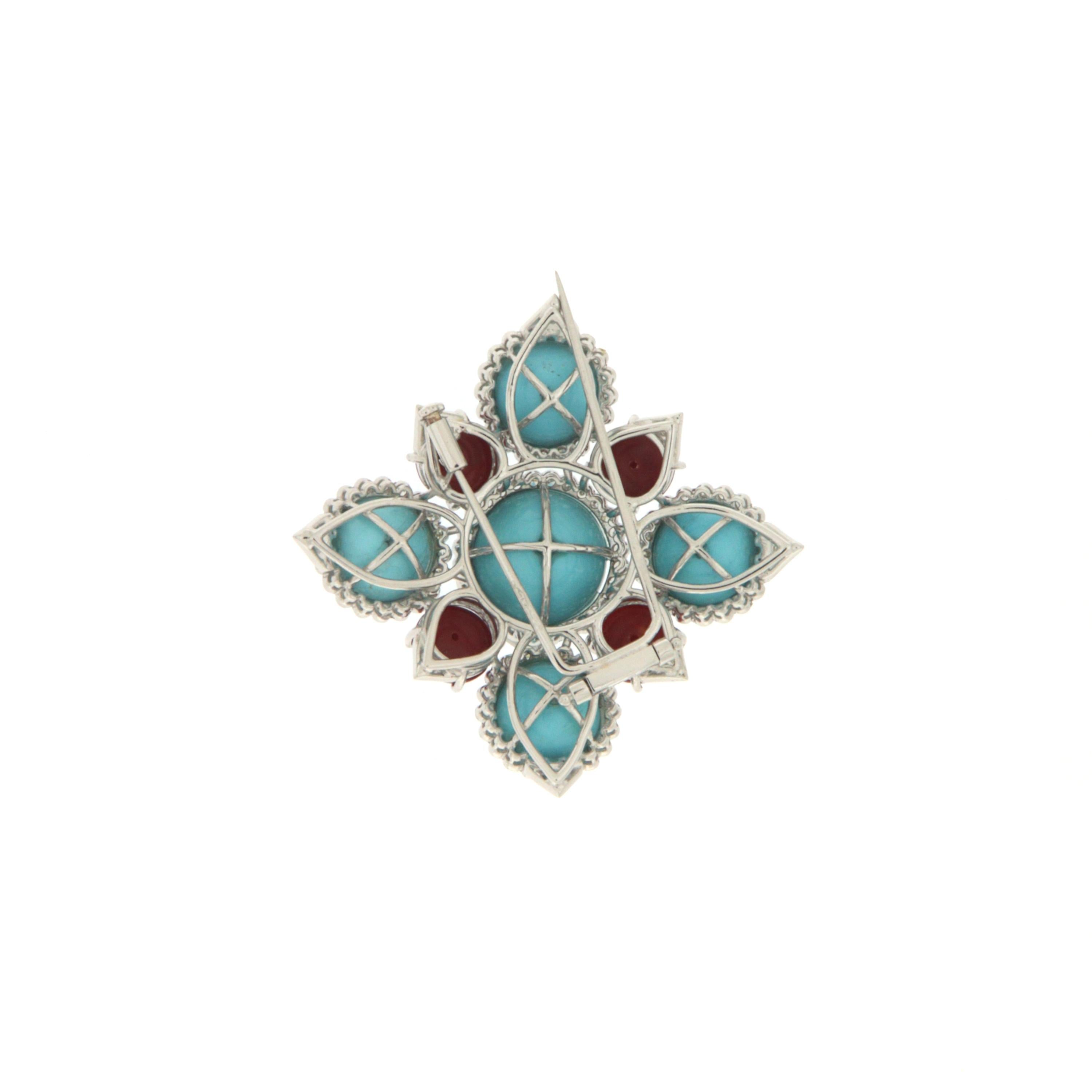Artisan Turquoise Diamonds Coral 18 Karat White Gold Brooch For Sale