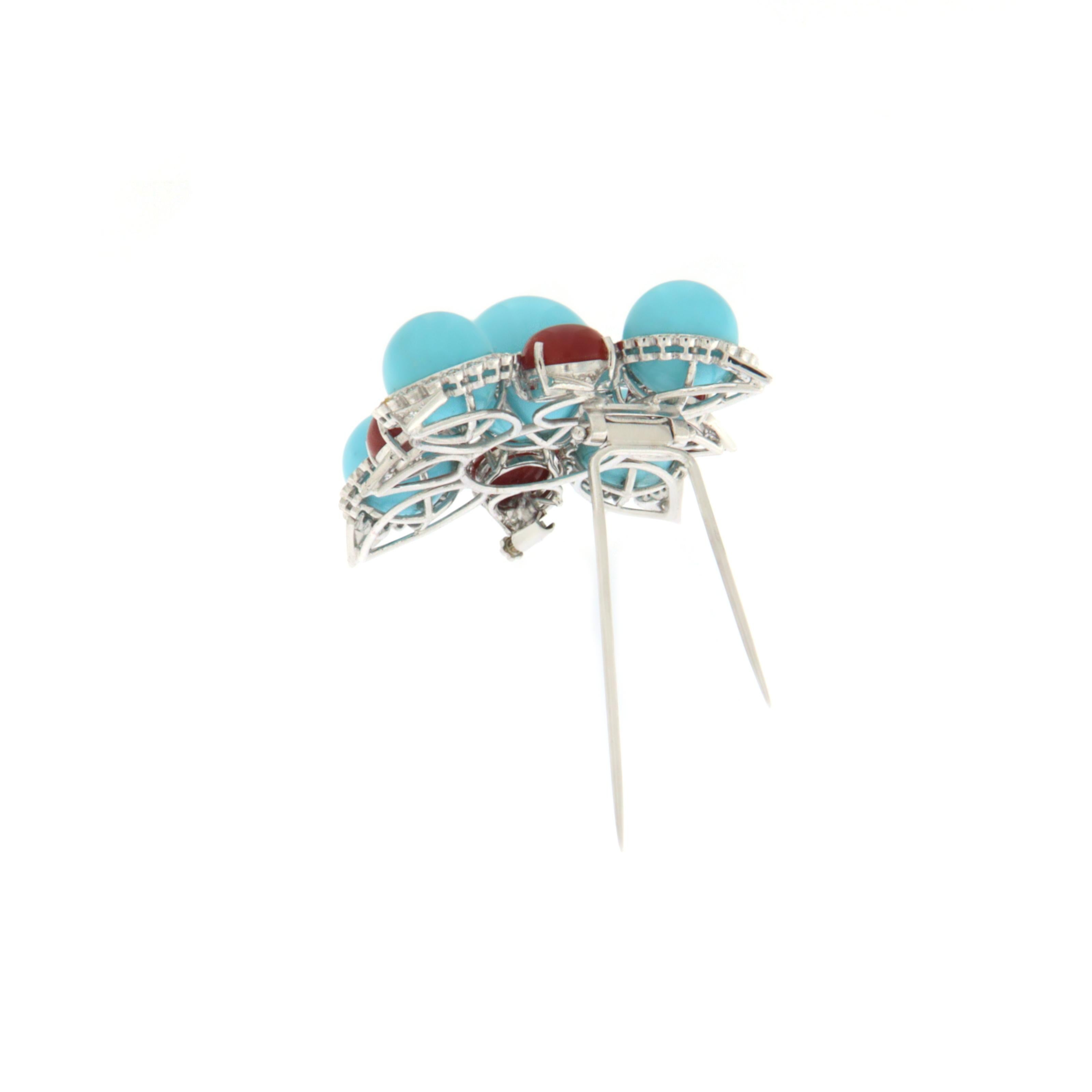 Brilliant Cut Turquoise Diamonds Coral 18 Karat White Gold Brooch For Sale