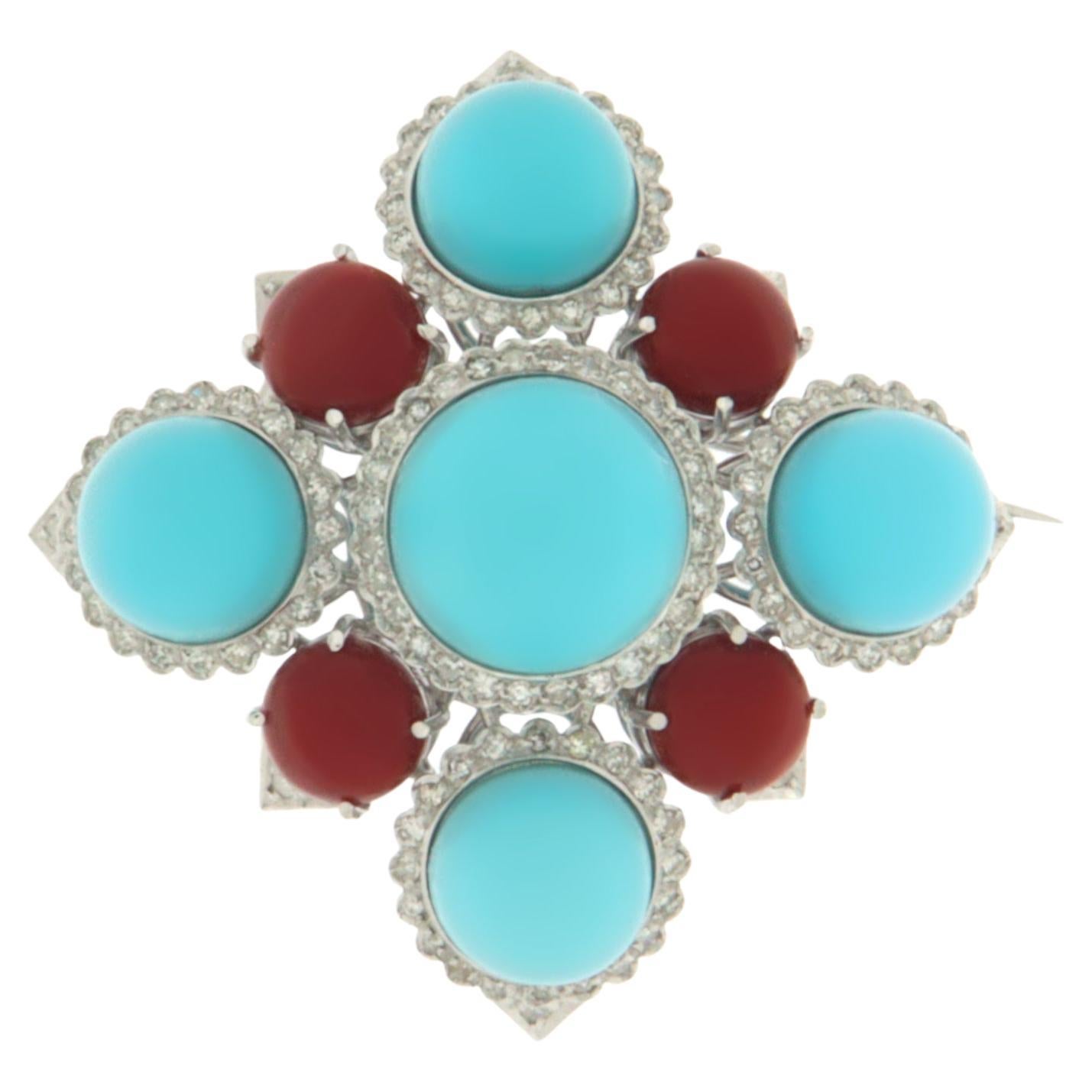 Turquoise Diamonds Coral 18 Karat White Gold Brooch