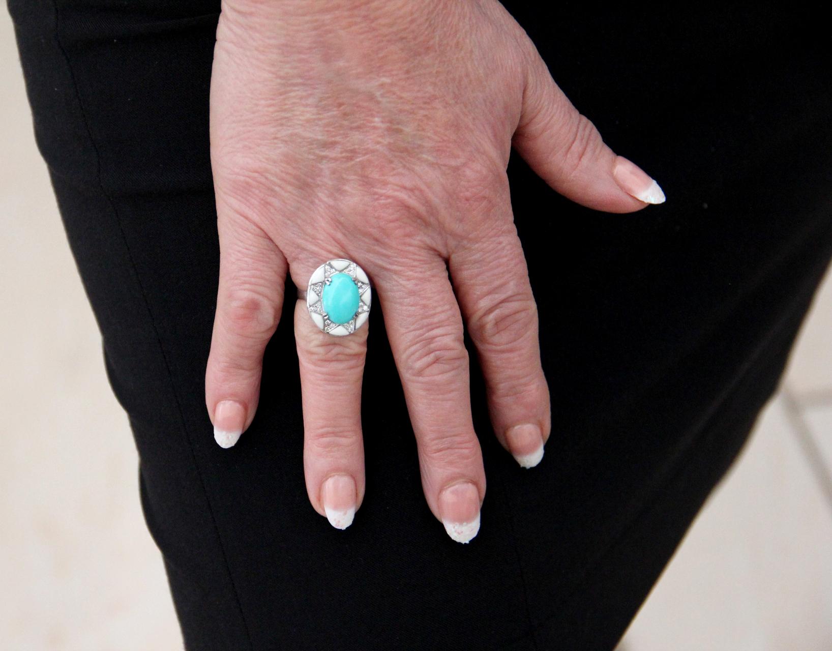 Brilliant Cut Handcraft Turquoise 18 Karat White Gold Diamonds Agate Cocktail Ring For Sale