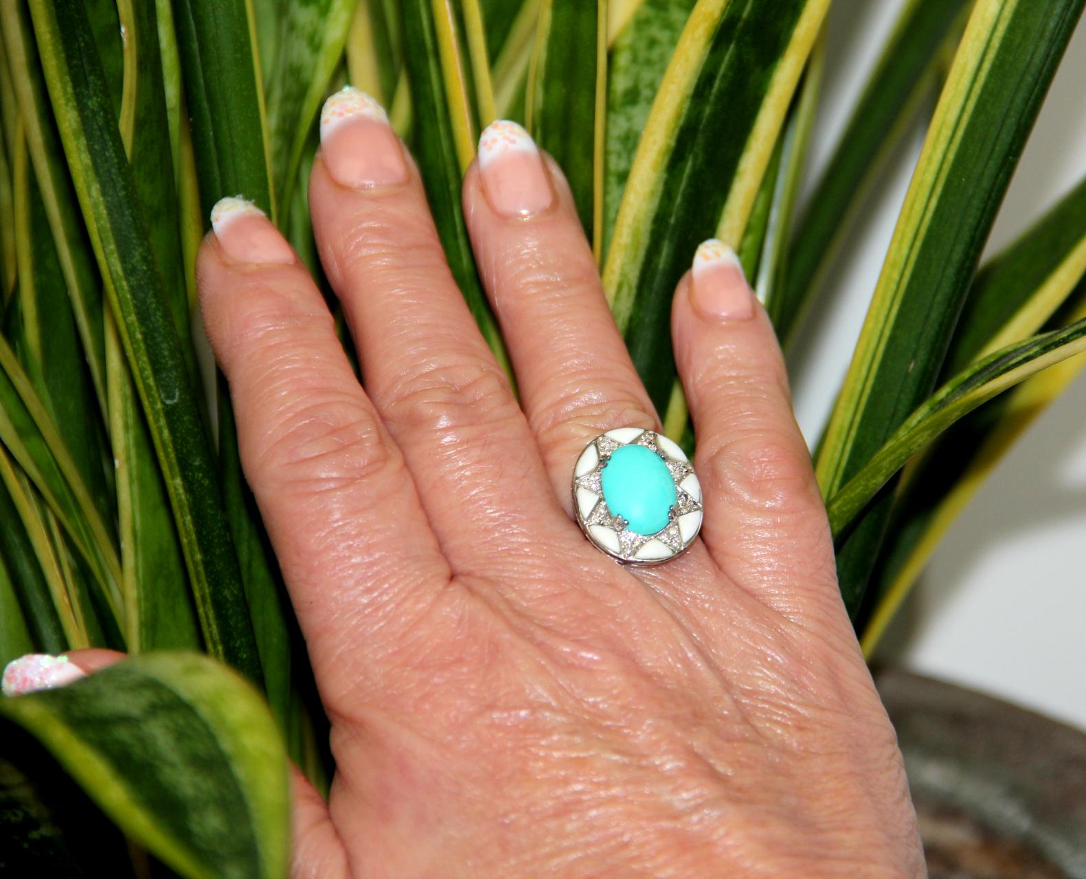 Handcraft Turquoise 18 Karat White Gold Diamonds Agate Cocktail Ring In New Condition For Sale In Marcianise, IT