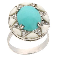 Bague cocktail artisanale en or blanc 18 carats, turquoise et agate, avec diamants