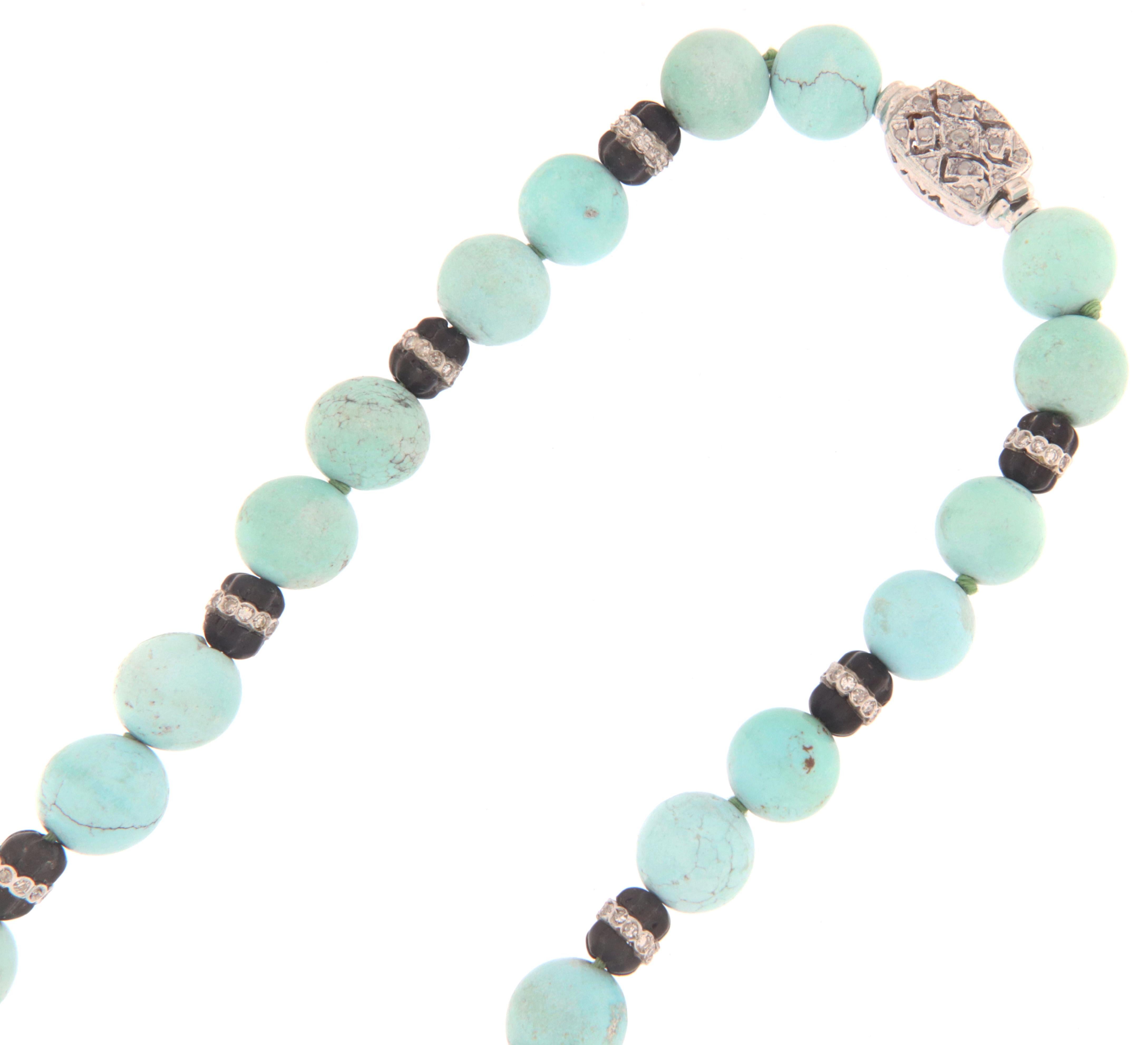 Handcraft Turquoise 18 Karat White Gold Diamonds Beaded Necklace In New Condition For Sale In Marcianise, IT