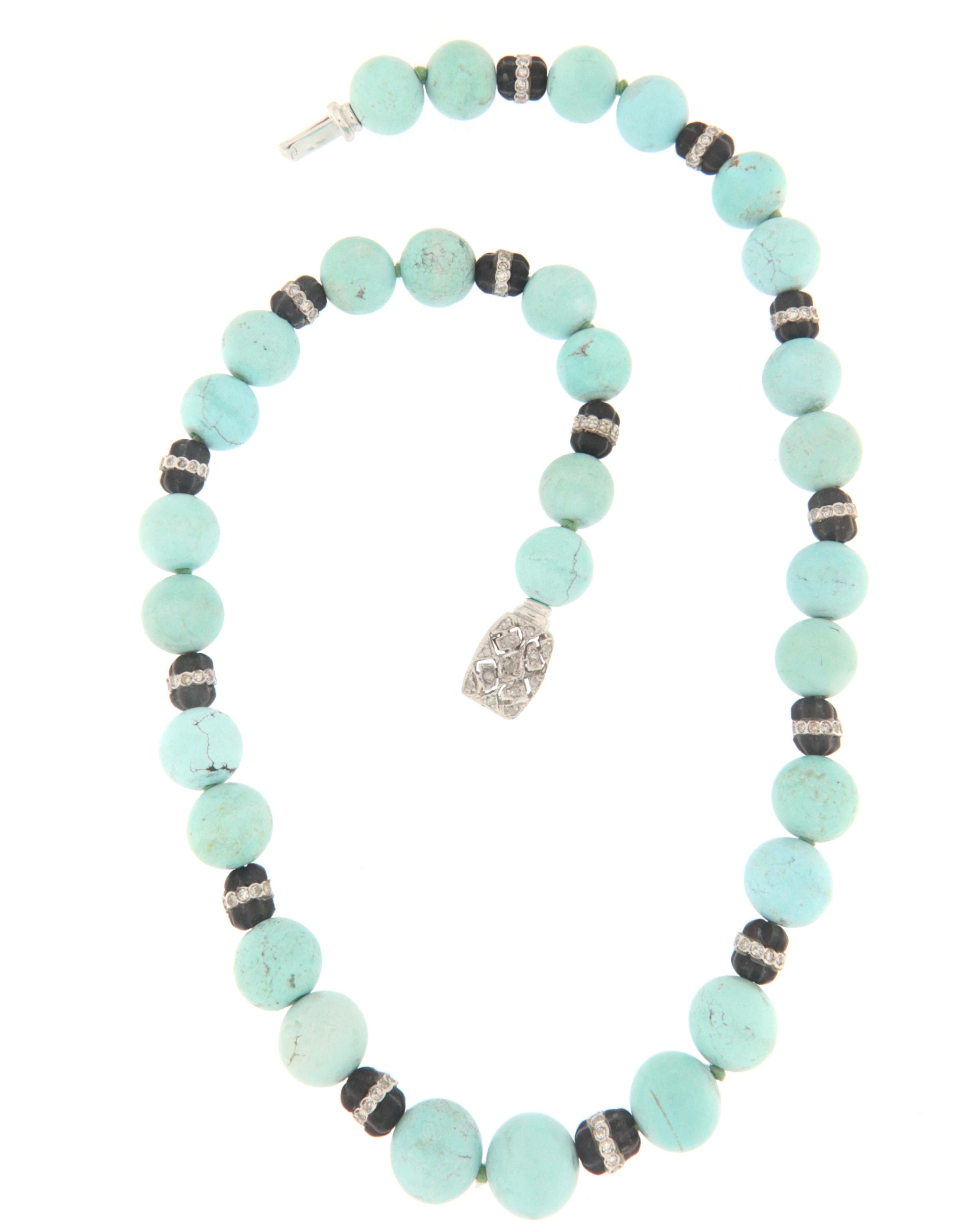 Handcraft Turquoise 18 Karat White Gold Diamonds Beaded Necklace For Sale 1