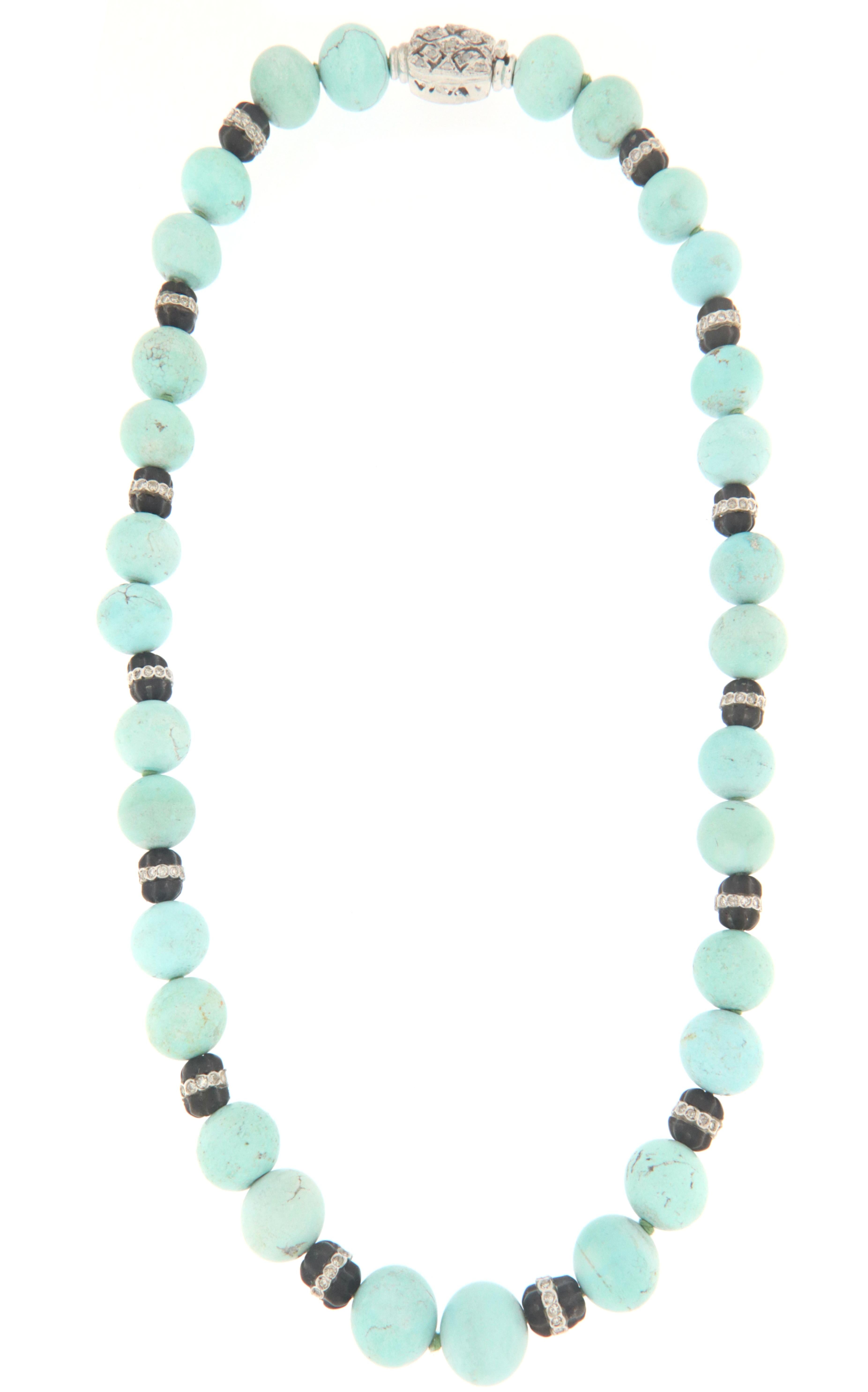 Handcraft Turquoise 18 Karat White Gold Diamonds Beaded Necklace For Sale 2