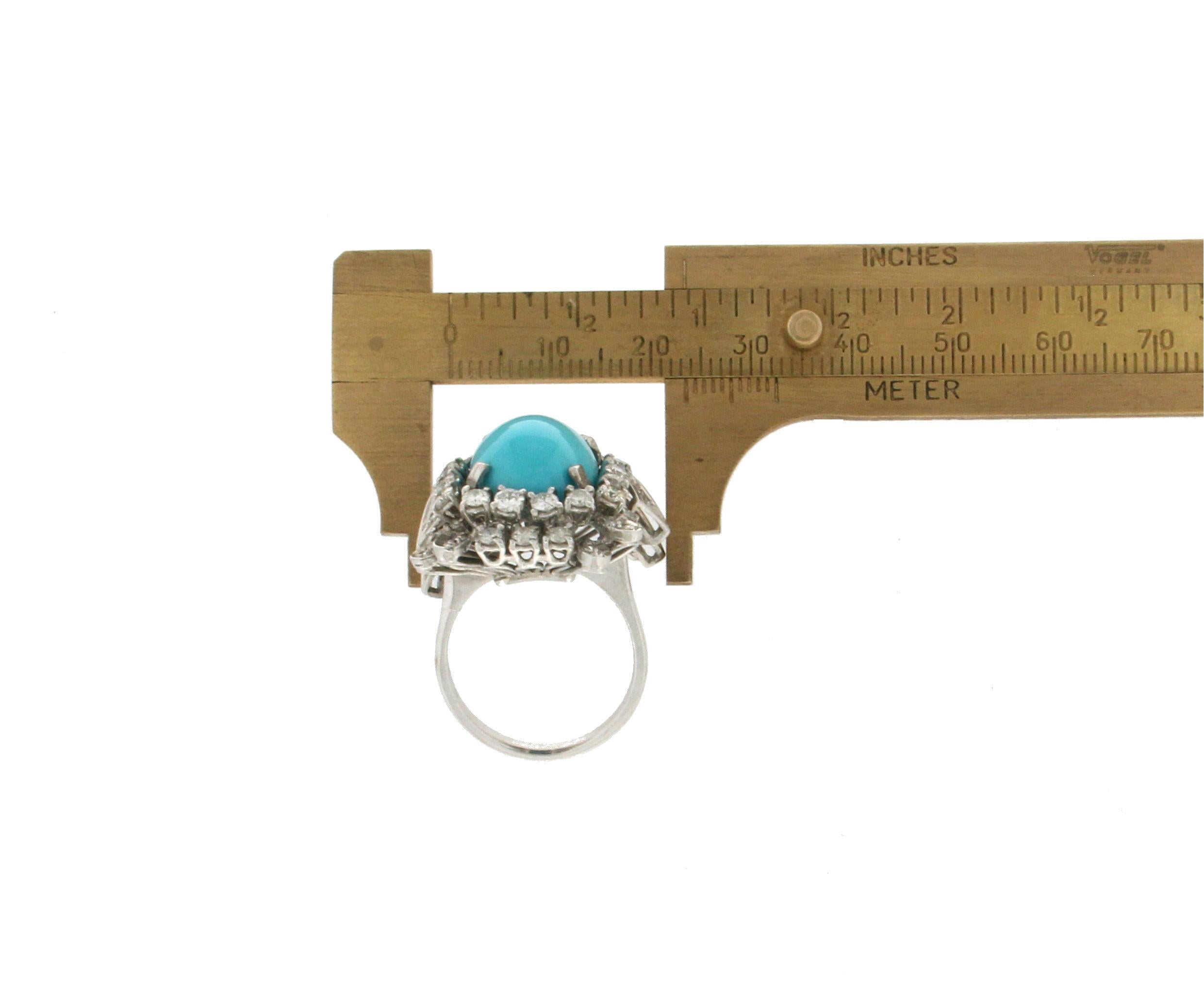 Handcraft Turquoise 18 Karat White Gold Diamonds Cocktail Ring For Sale 4