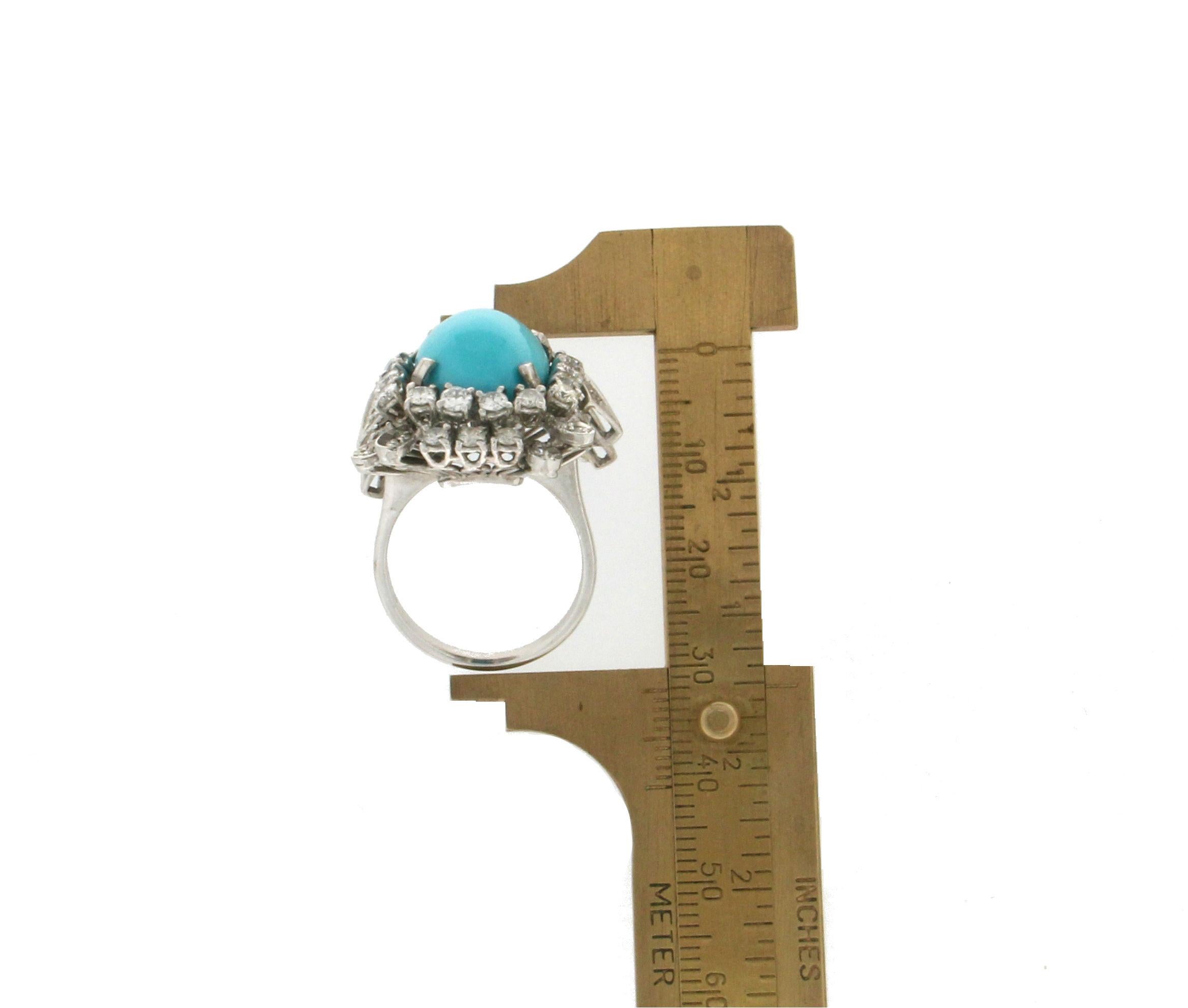 Handcraft Turquoise 18 Karat White Gold Diamonds Cocktail Ring For Sale 5