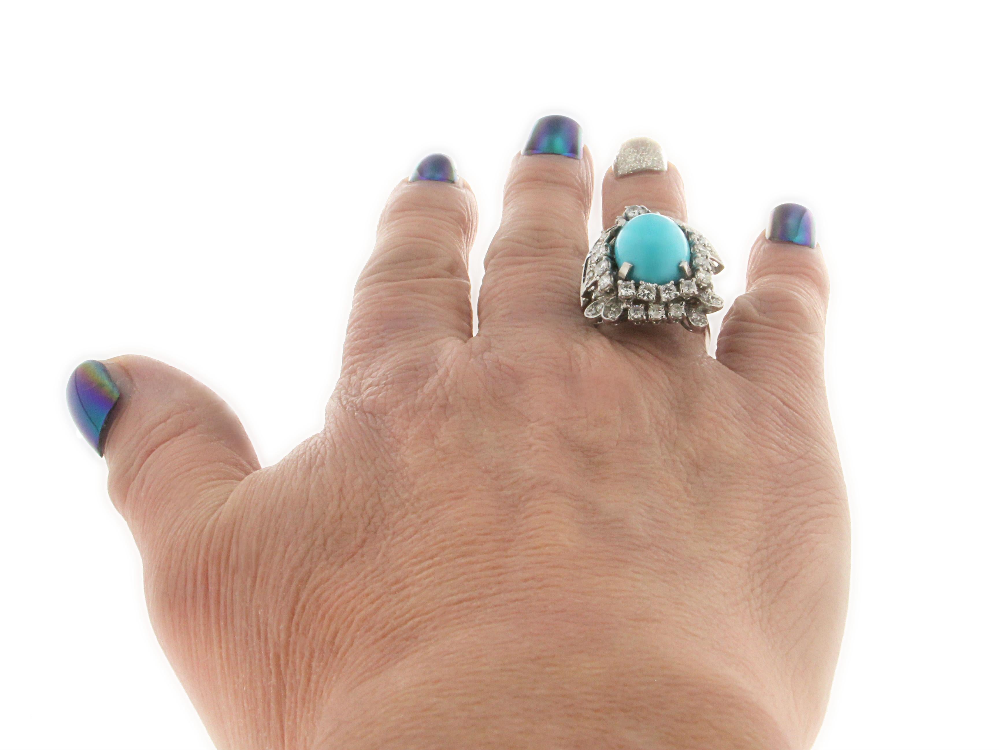 Handcraft Turquoise 18 Karat White Gold Diamonds Cocktail Ring For Sale 6