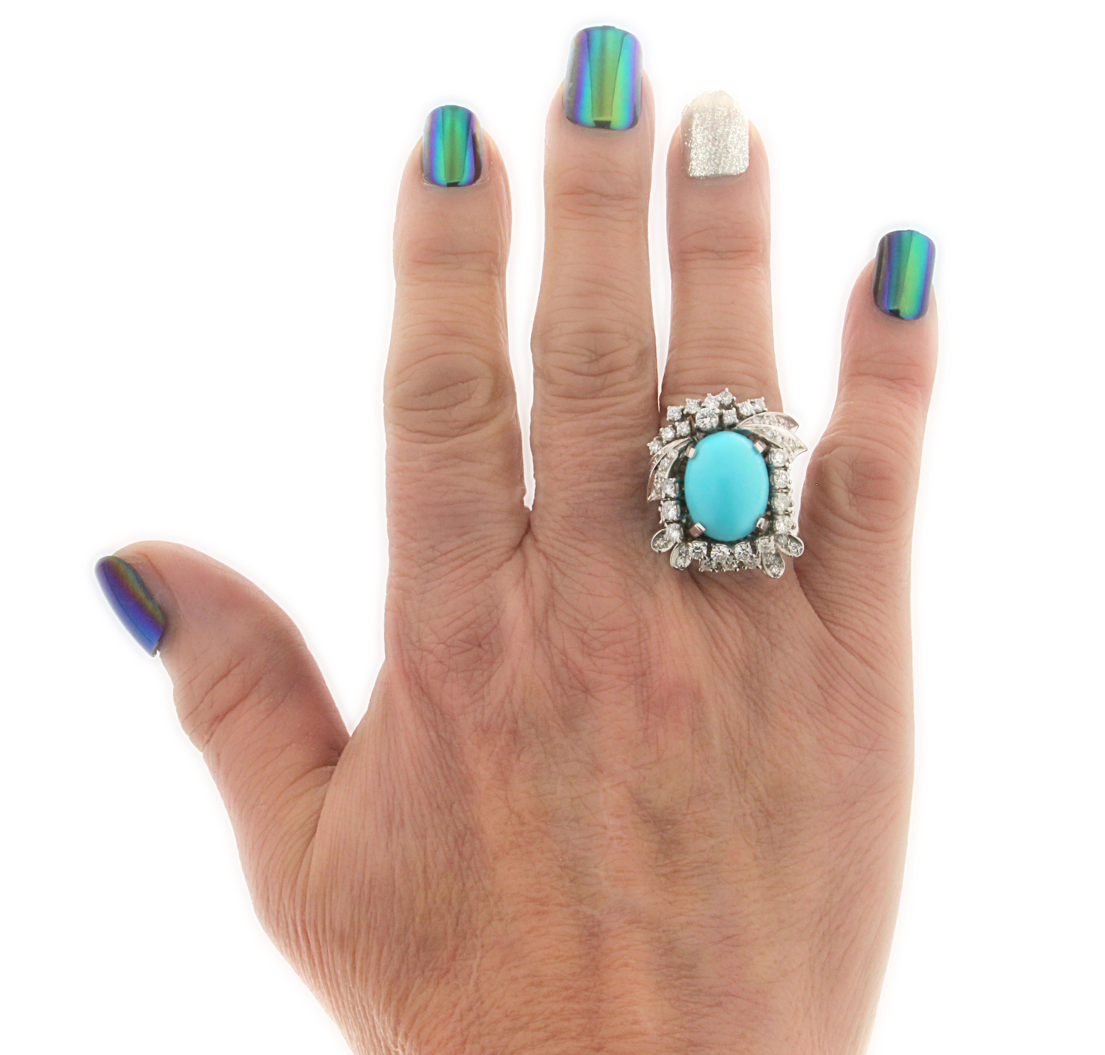 Handcraft Turquoise 18 Karat White Gold Diamonds Cocktail Ring For Sale 7