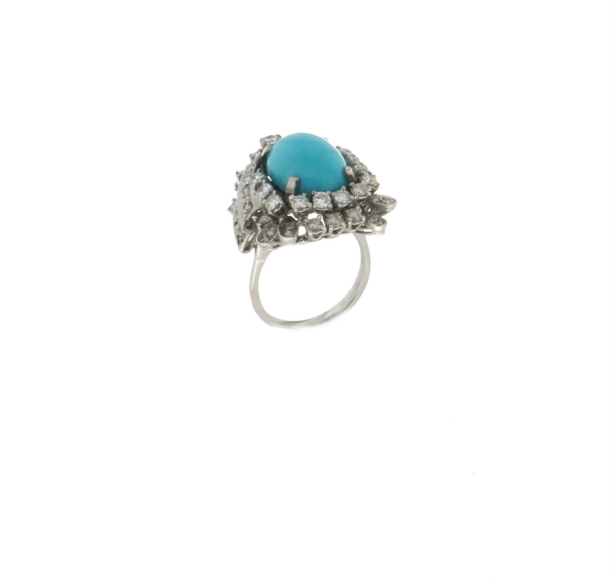Handcraft Turquoise 18 Karat White Gold Diamonds Cocktail Ring For Sale ...
