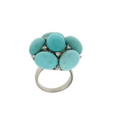 Handcraft Turquoise 18 Karat White Gold Diamonds Cocktail Ring