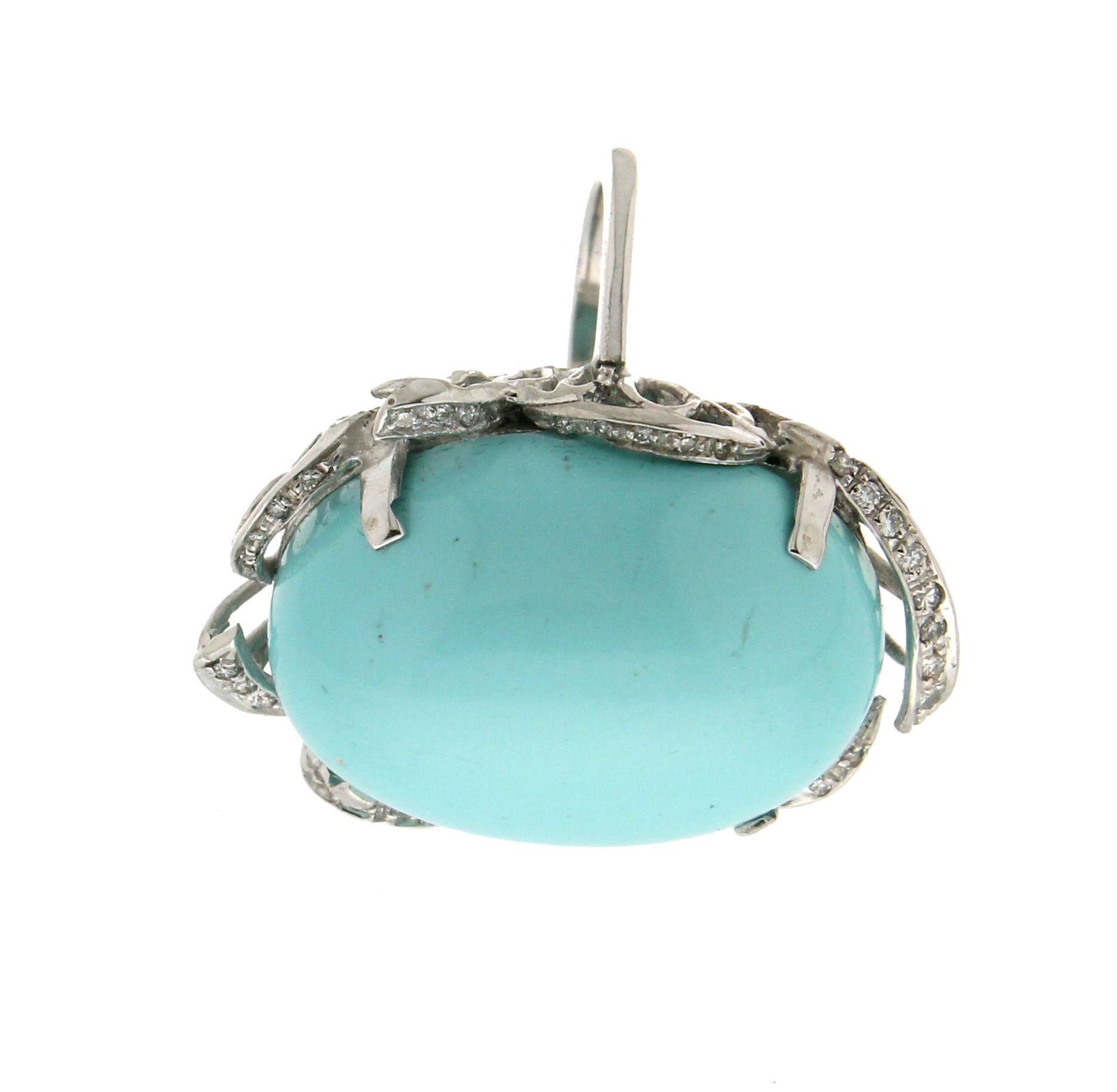 Artisan Handcraft Turquoise 18 Karat White Gold Diamonds Cocktail Ring For Sale