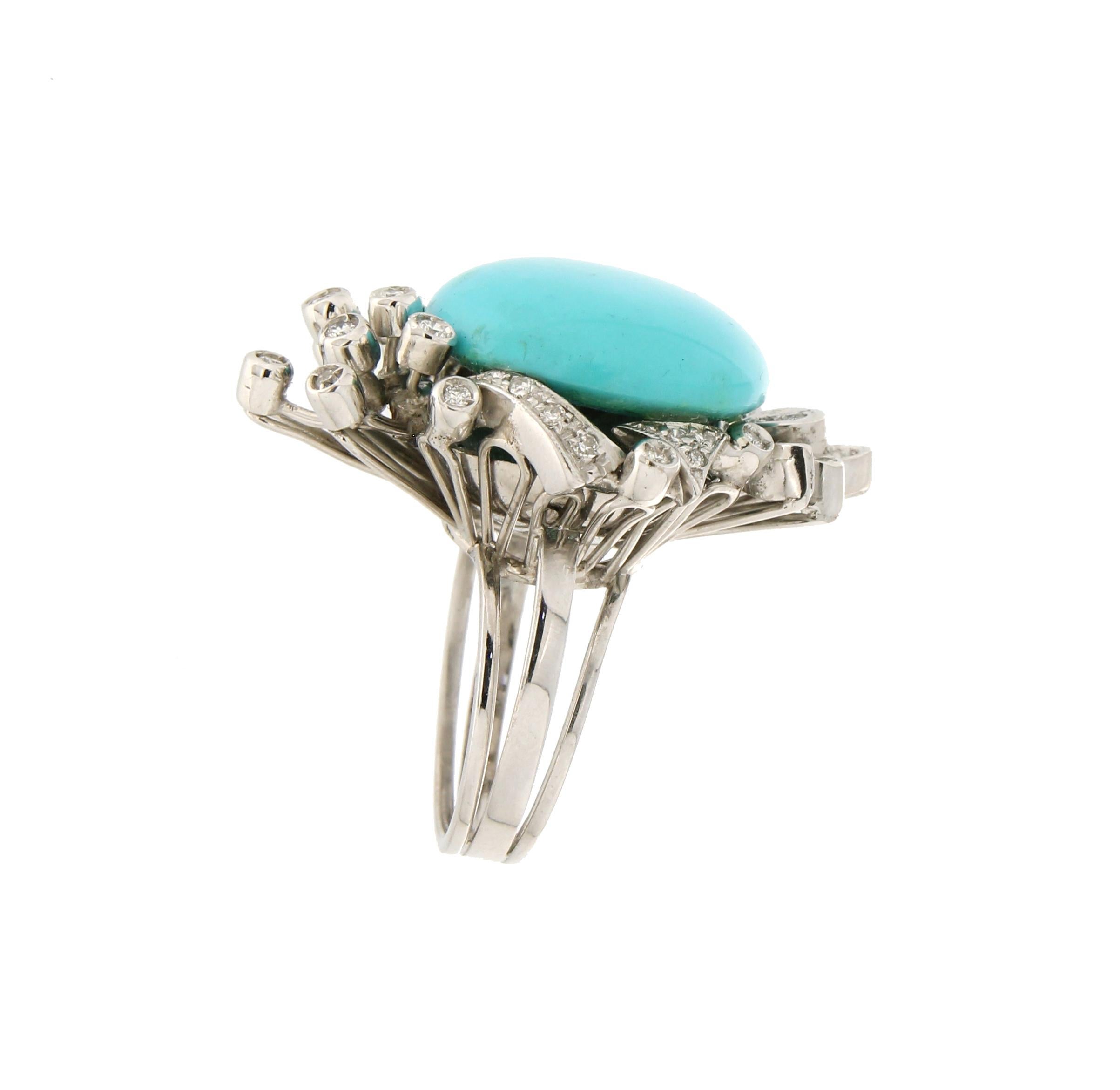 Artisan Handcraft Turquoise 18 Karat White Gold Diamonds Cocktail Ring For Sale