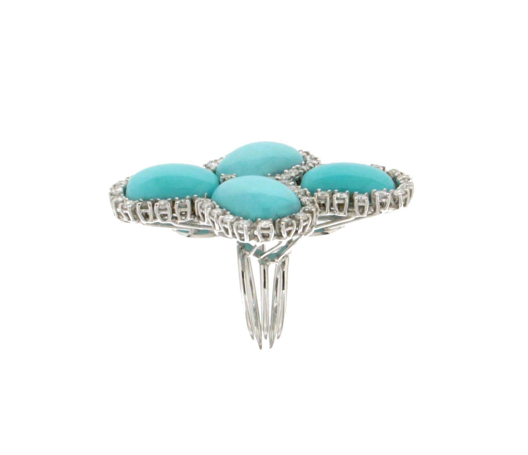 Artisan Handcraft Turquoise 18 Karat White Gold Diamonds Cocktail Ring For Sale