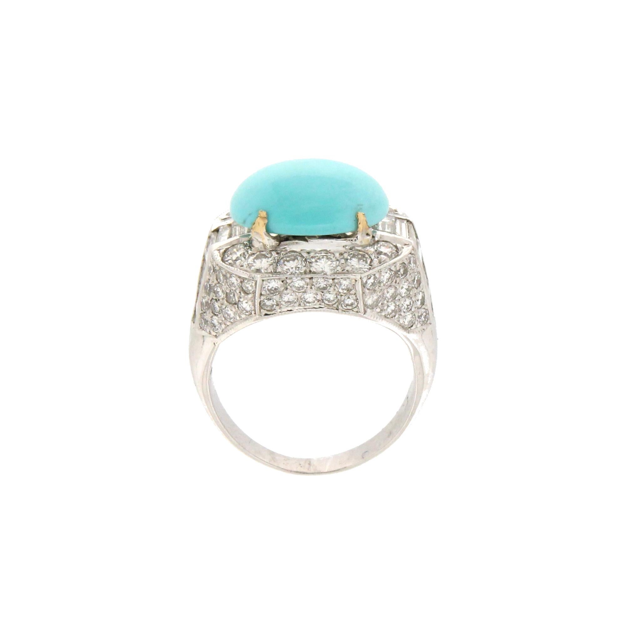 Artisan Handcraft Turquoise 18 Karat White Gold Diamonds Cocktail Ring For Sale