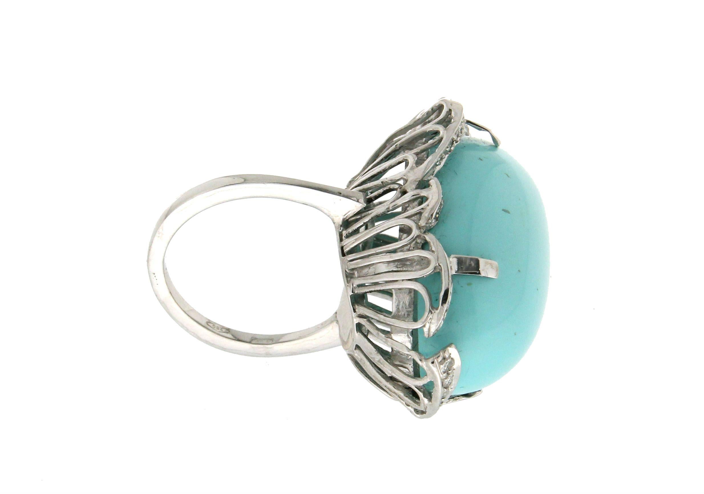 Brilliant Cut Handcraft Turquoise 18 Karat White Gold Diamonds Cocktail Ring For Sale