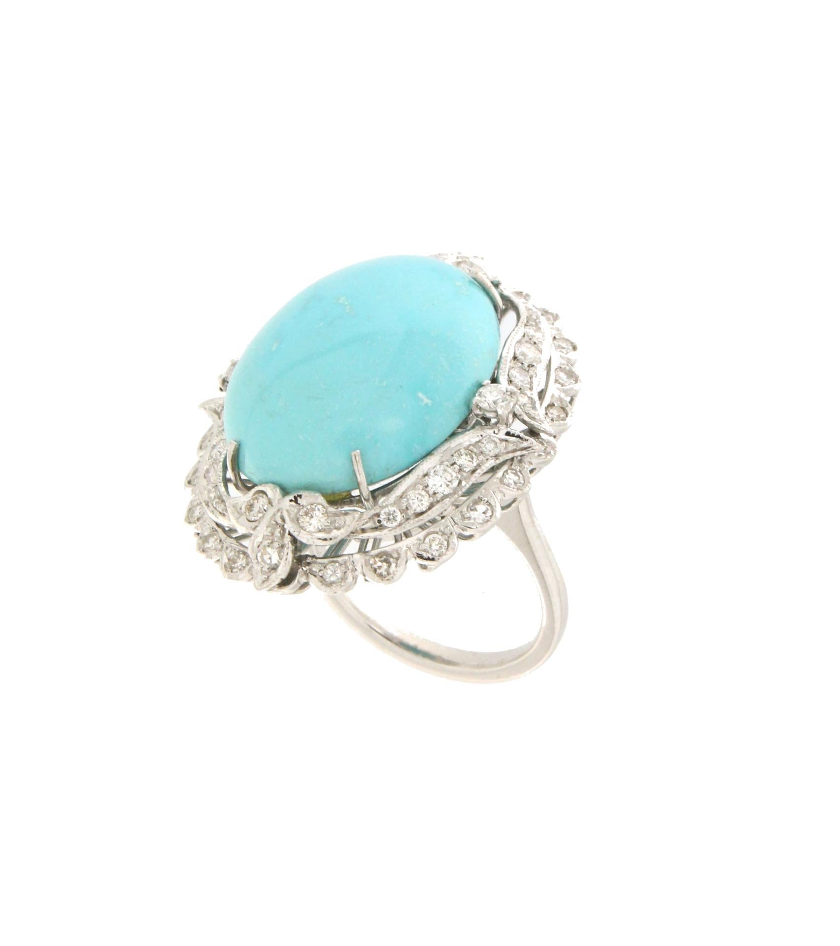 Brilliant Cut Handcraft Turquoise 18 Karat White Gold Diamonds Cocktail Ring