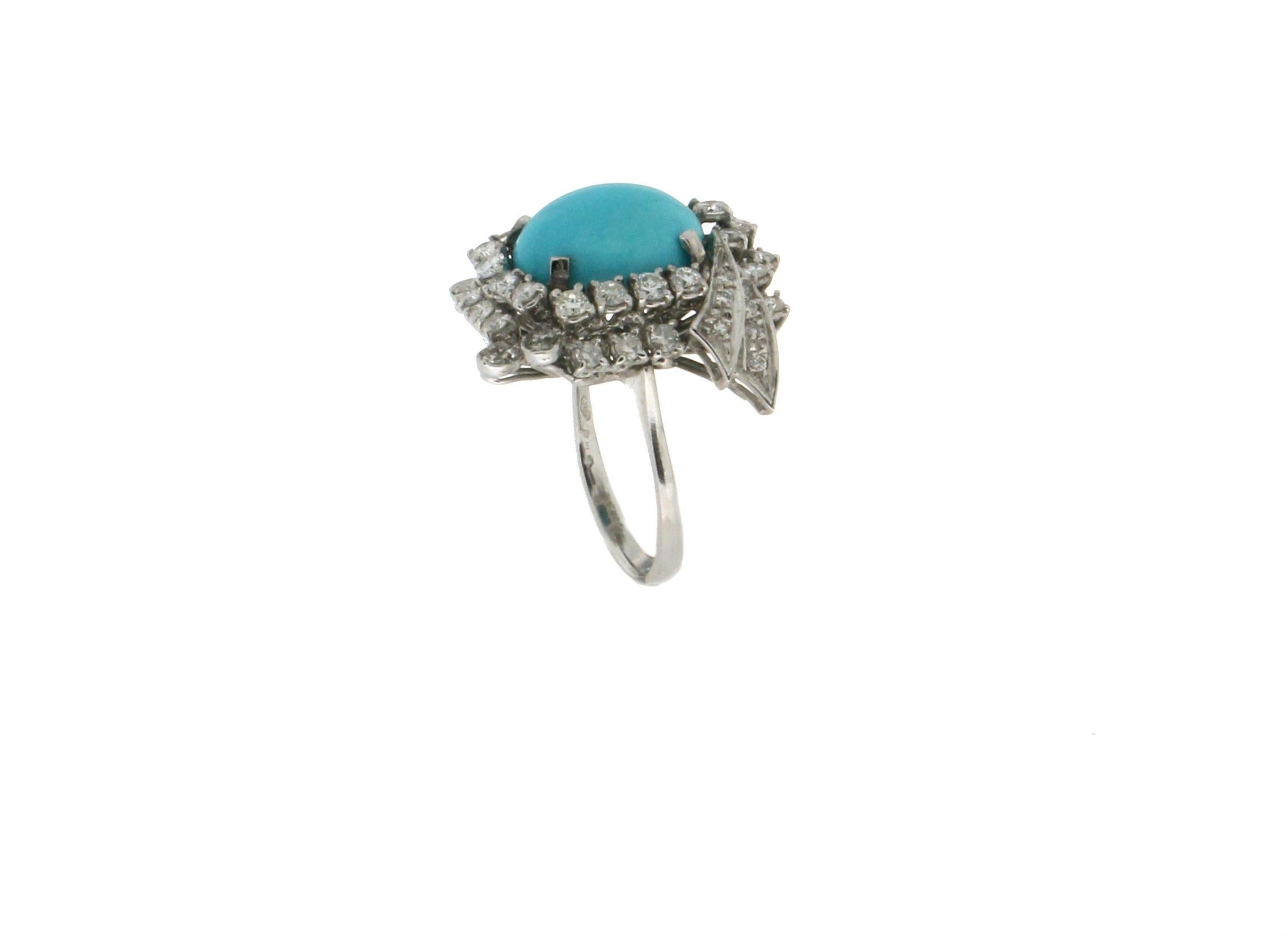 Brilliant Cut Handcraft Turquoise 18 Karat White Gold Diamonds Cocktail Ring For Sale