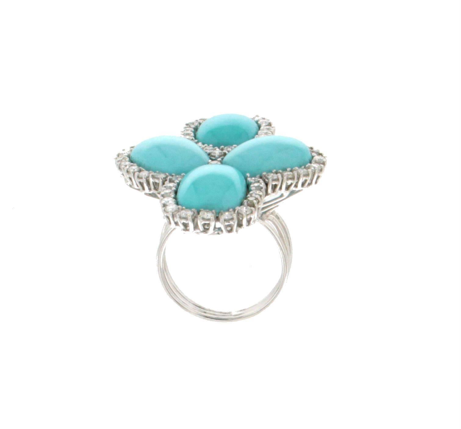 Brilliant Cut Handcraft Turquoise 18 Karat White Gold Diamonds Cocktail Ring For Sale